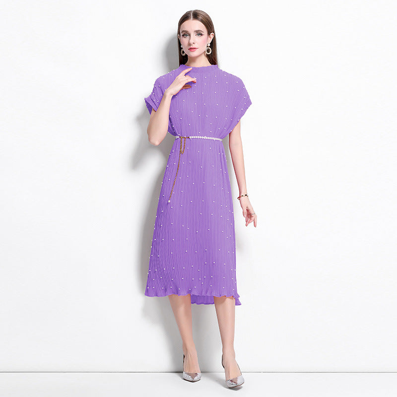 Purple Pure Elegance Pleated Pearl Belt Dress