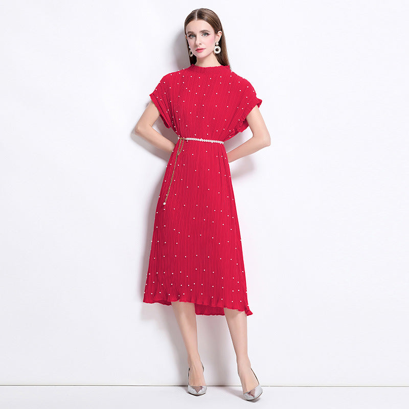 Red Pure Elegance Pleated Pearl Belt Dress