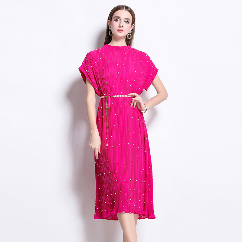 Rosered Pure Elegance Pleated Pearl Belt Dress