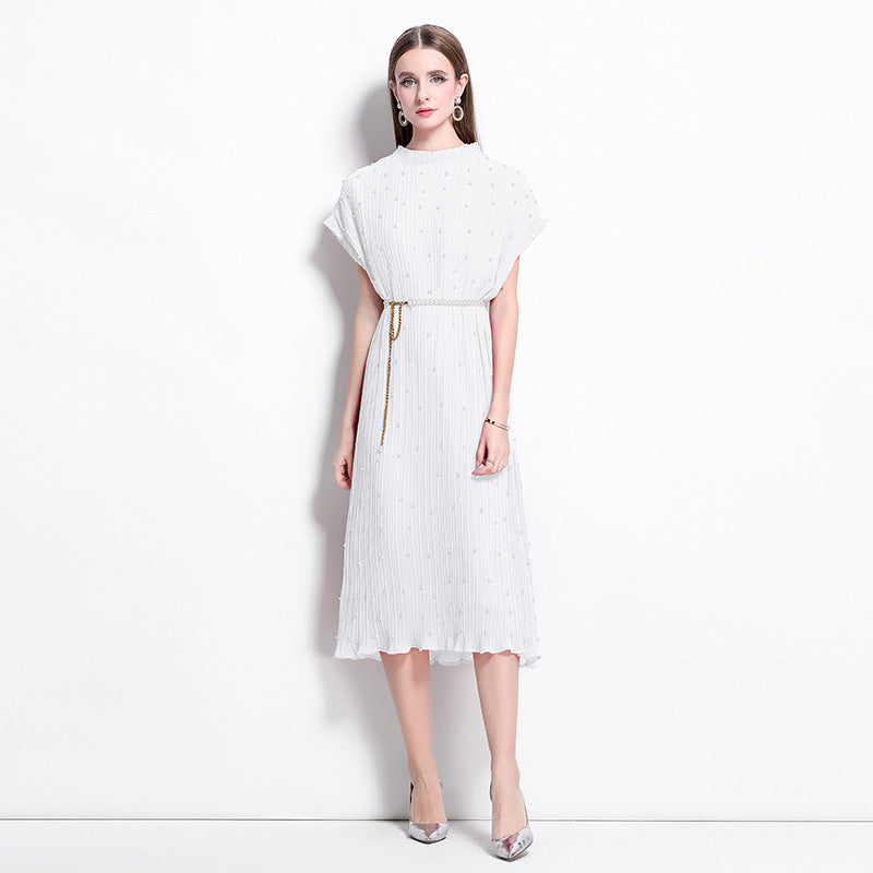 White Pure Elegance Pleated Pearl Belt Dress