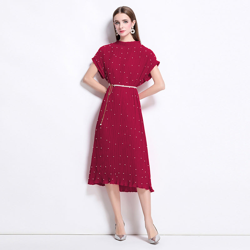 Winered Pure Elegance Pleated Pearl Belt Dress