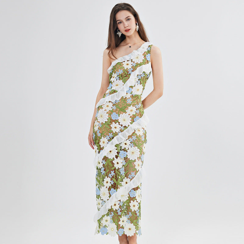 Green Floral Lace Ruffle Dress