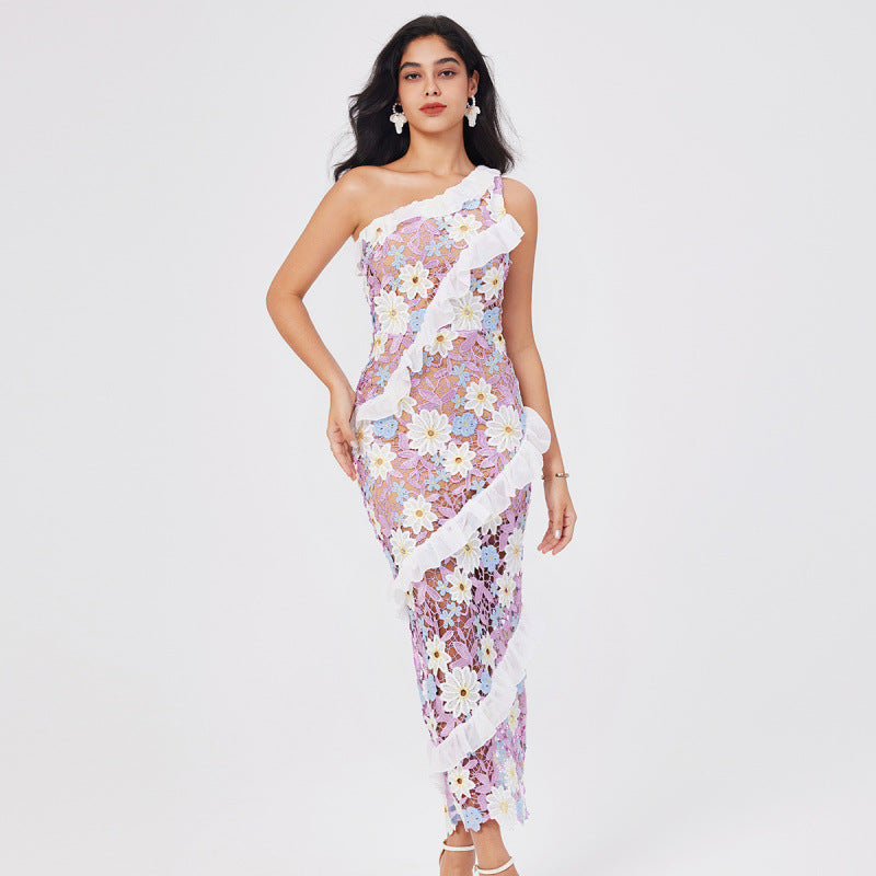 Purple Floral Lace Ruffle Dress