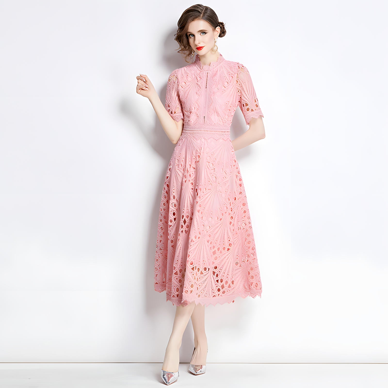 Luxury French Lace Jewel Neckline Pink Dress - 768536992796_PIN