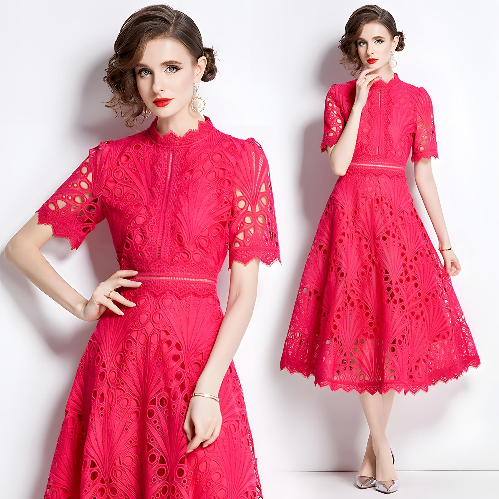 Luxury French Lace Jewel Neckline Rose Red Dress - NRJ-607#6947_ROS (EOSS)