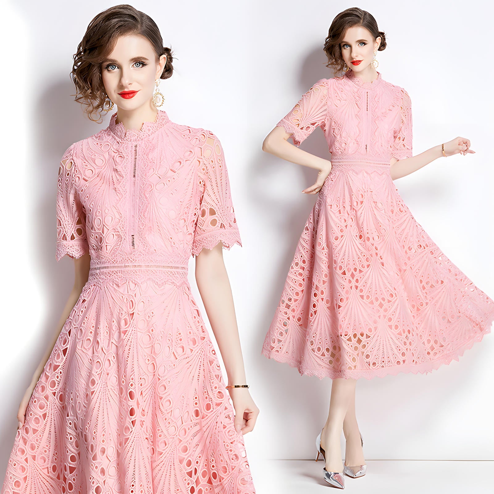 Luxury French Lace Jewel Neckline Pink Dress - 768536992796_PIN