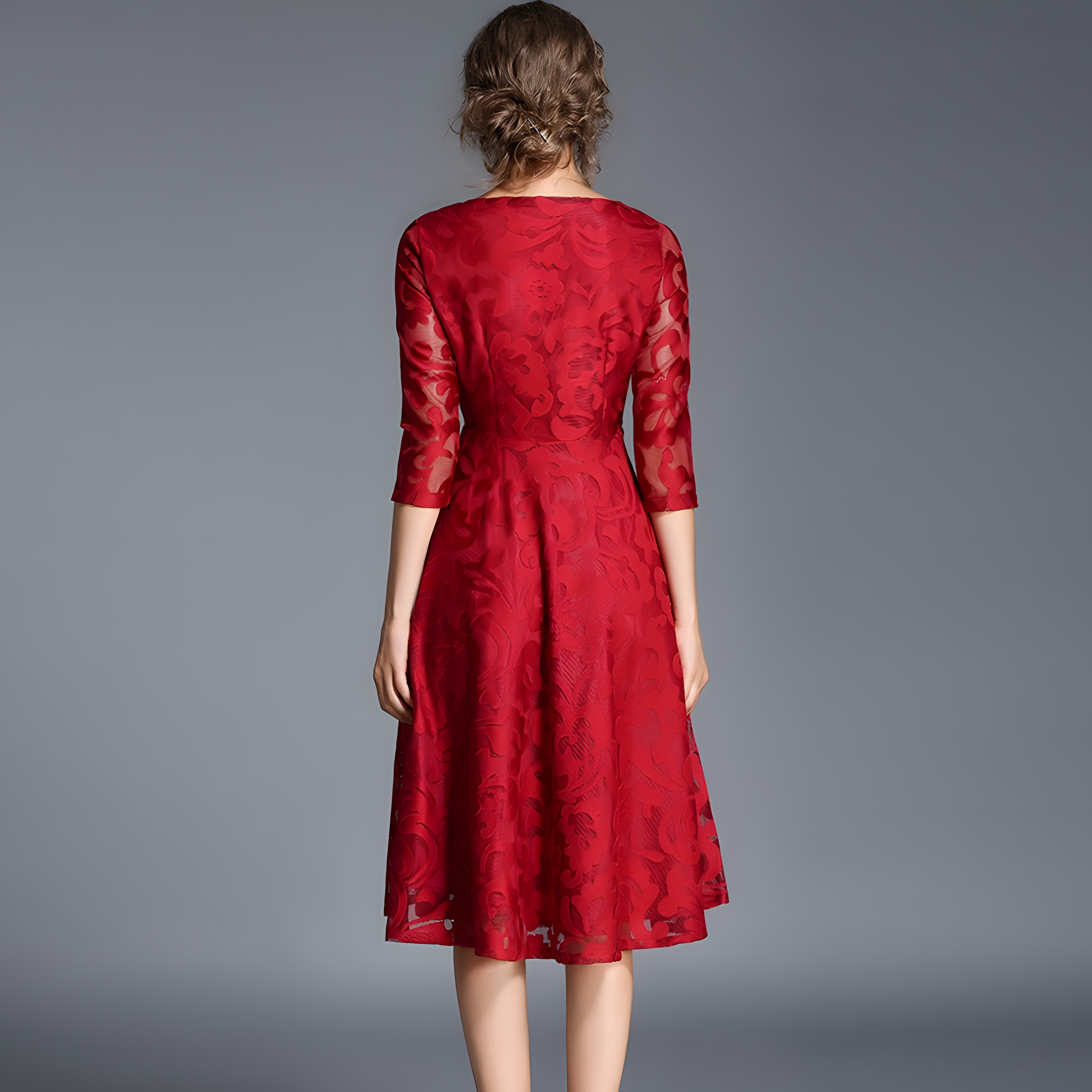 Lace Flocking Boat Neck Fitted Vest Large Hem Skirt Dress - 607715875502_CLARET