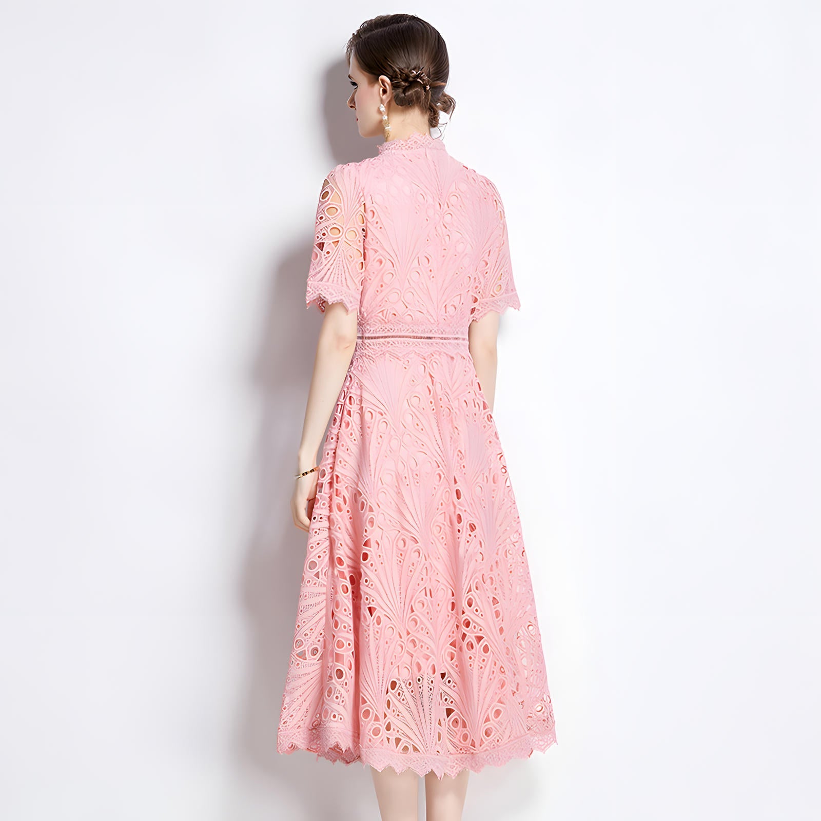 Luxury French Lace Jewel Neckline Pink Dress - 768536992796_PIN