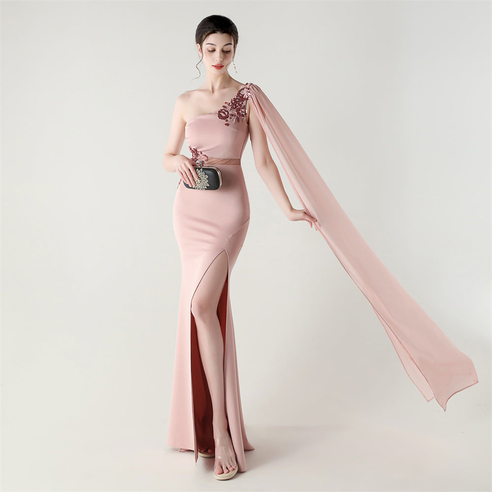Blush Bloom Embroidery One Shoulder Gown