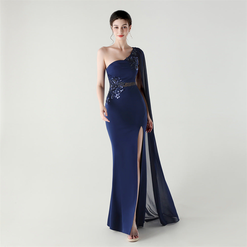 Midnight Muse Embroidery One Shoulder Gown