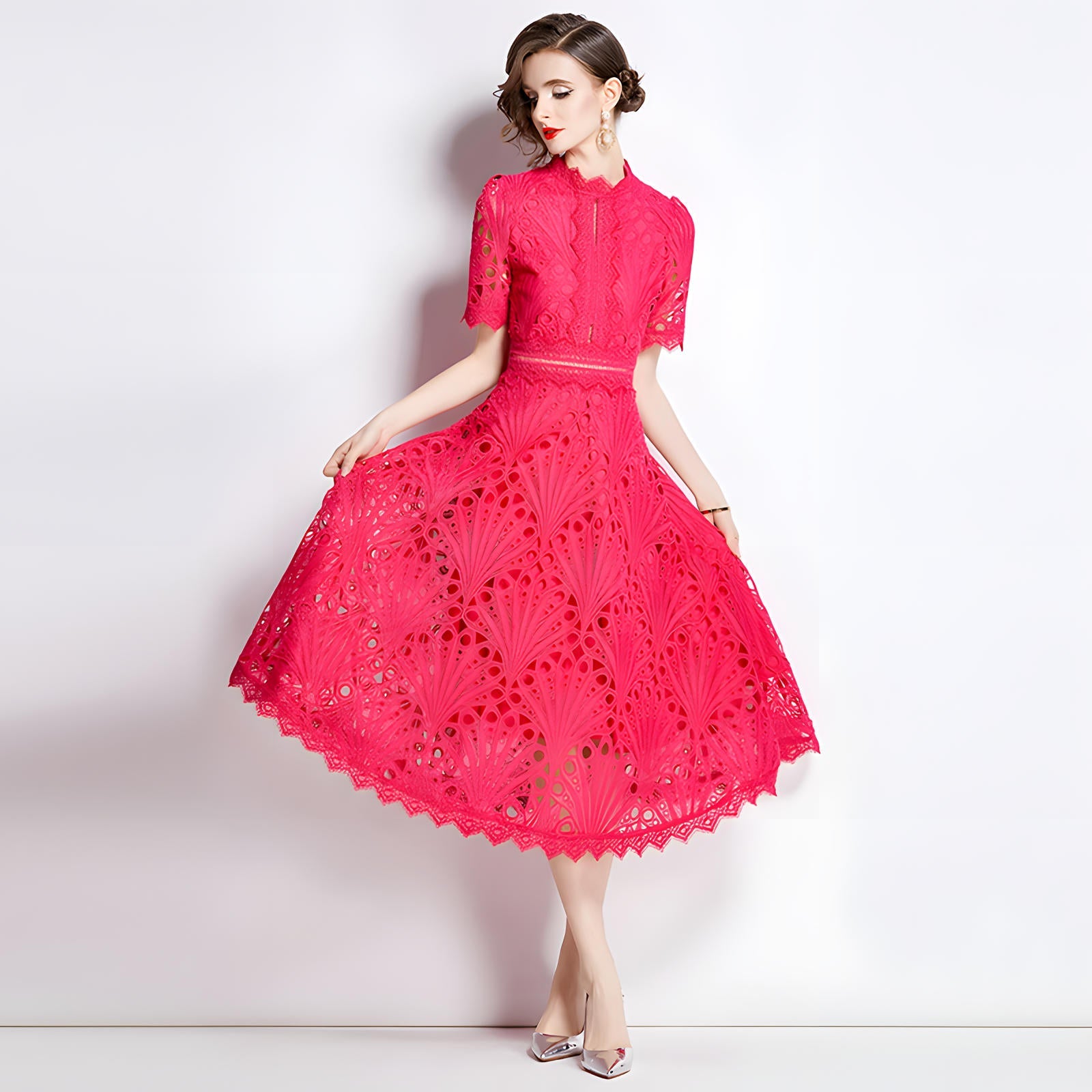 Luxury French Lace Jewel Neckline Rose Red Dress - NRJ-607#6947_ROS (EOSS)