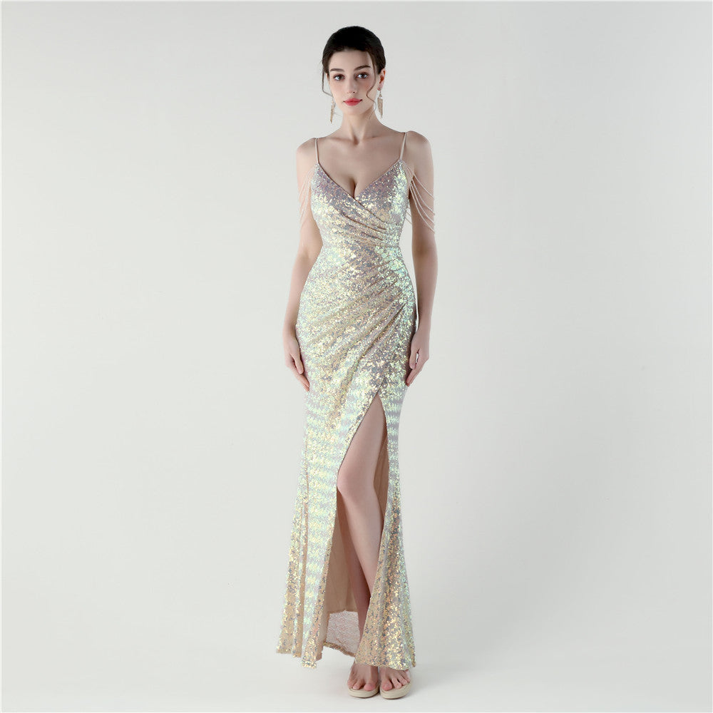 Opal Glow Deep V Sequin Gown