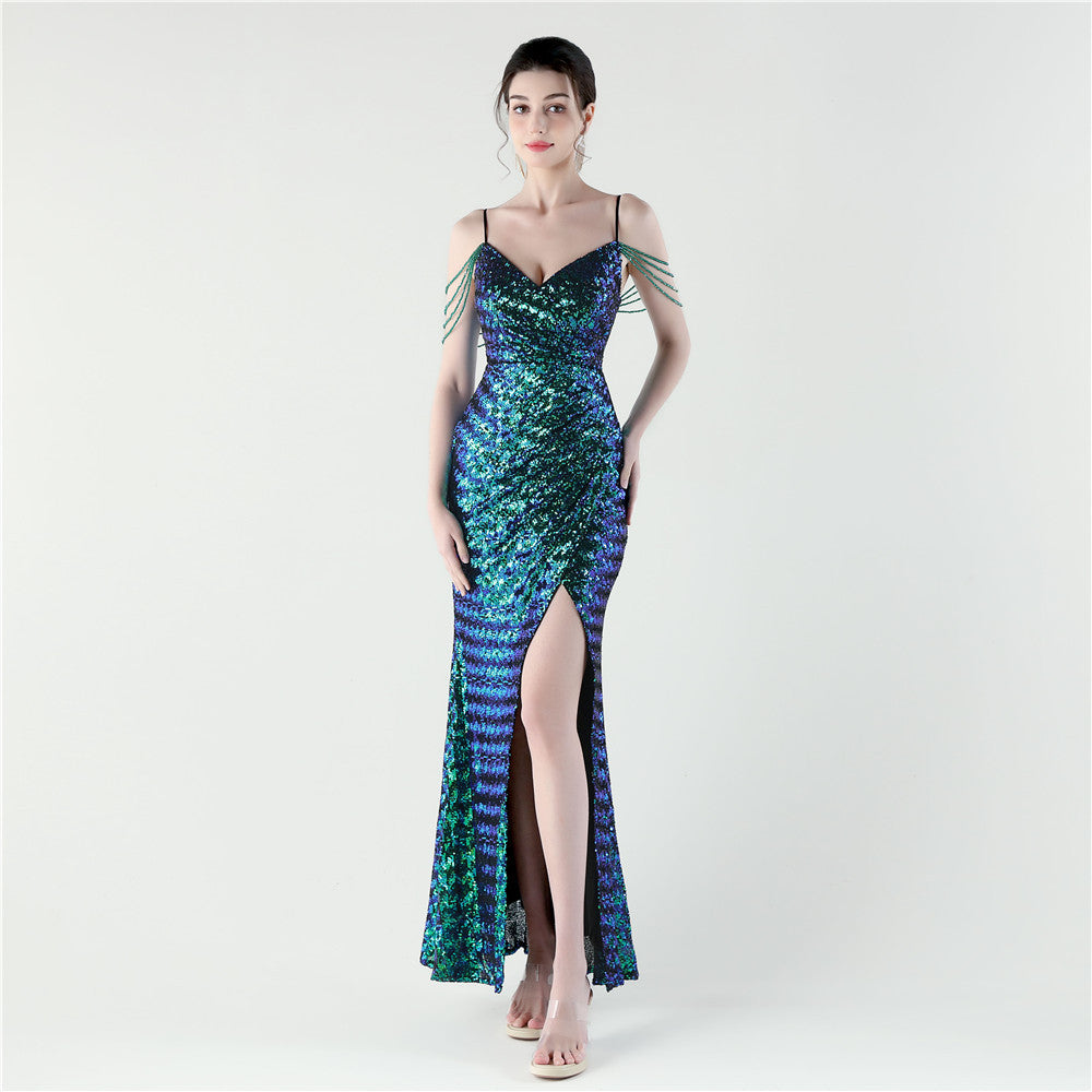 Emerald Tide Deep V Gown