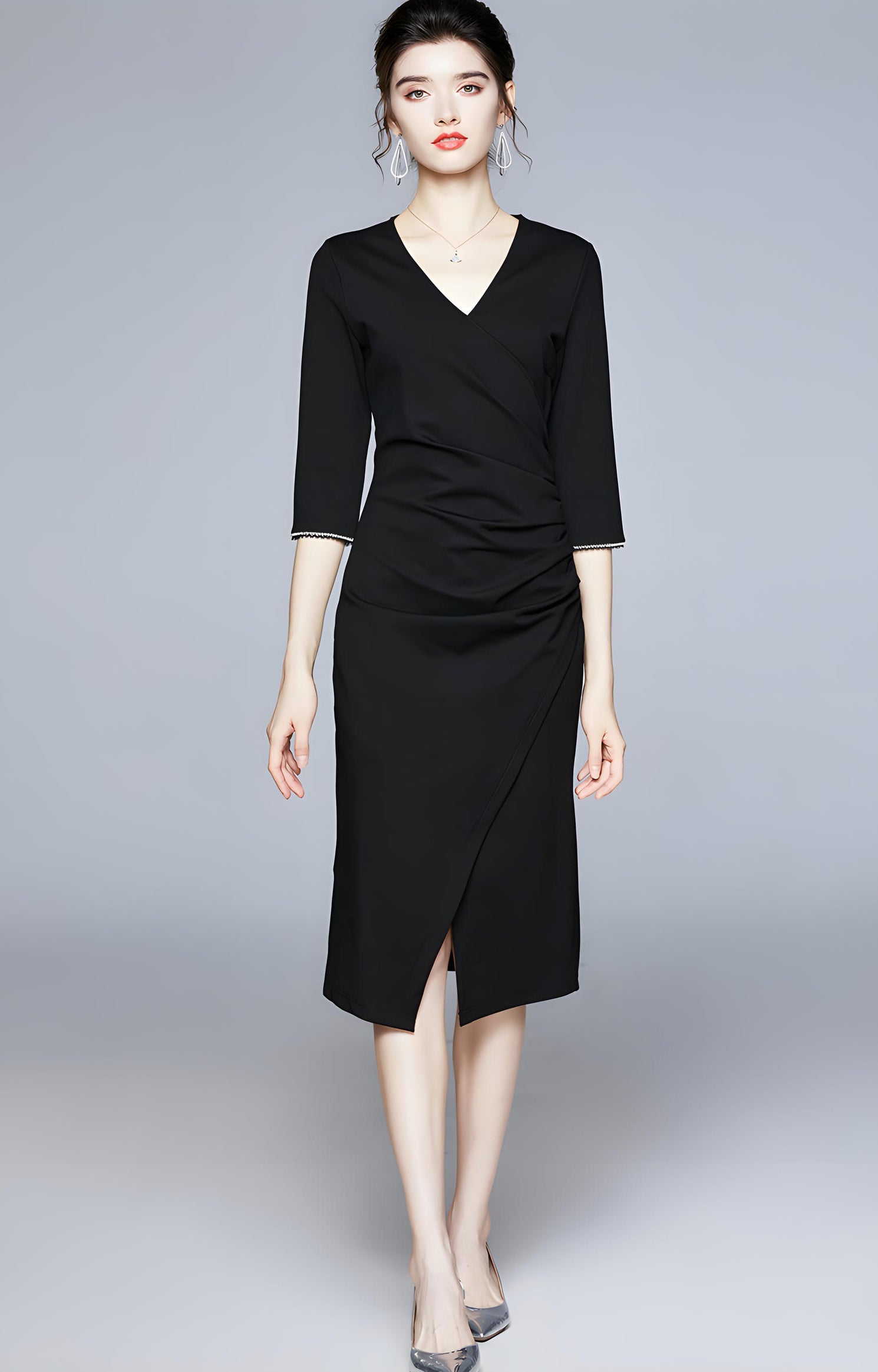 3/4 Beaded Sleeve Hip-Wrapped Sheath Black Dress - 638735745542_BAS