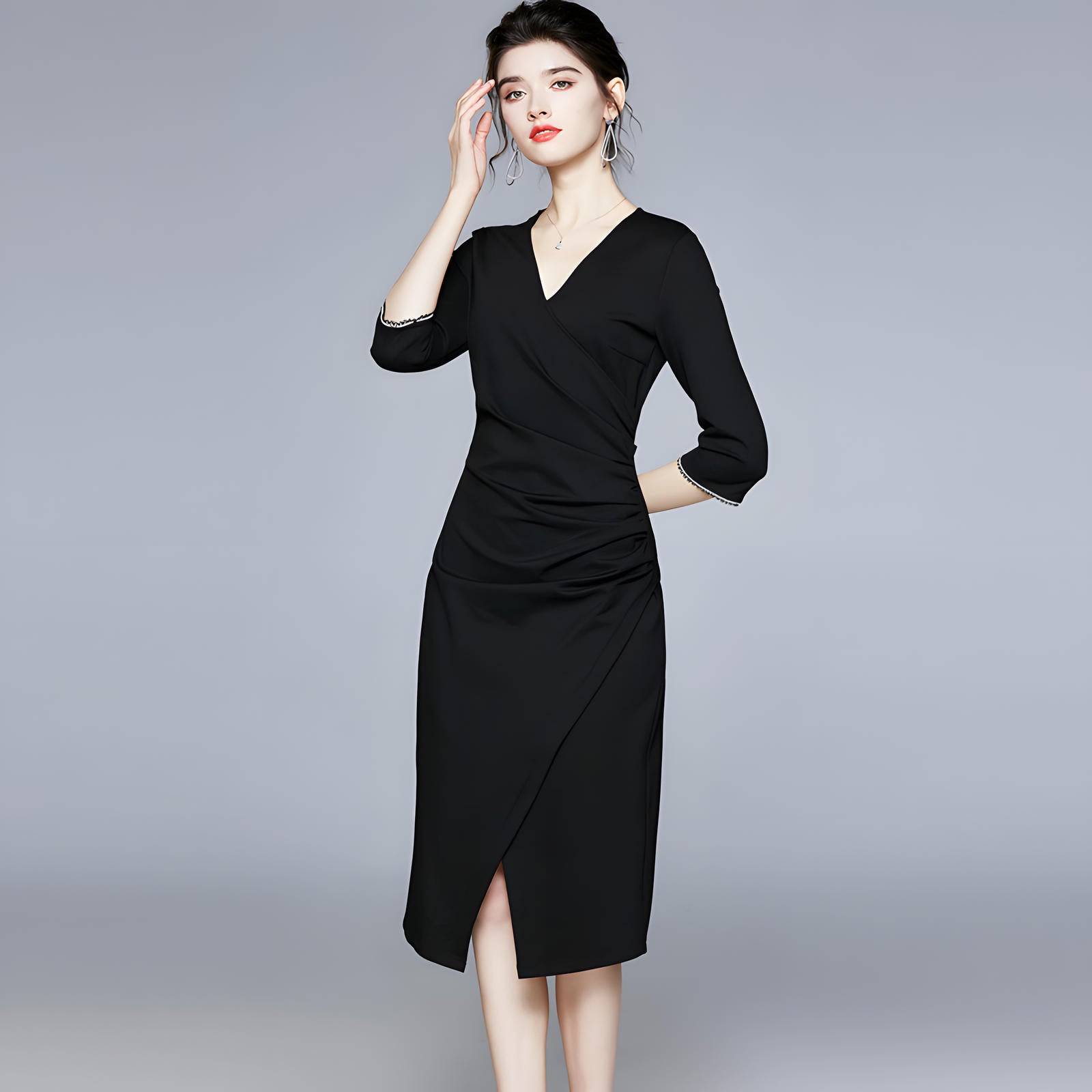 3/4 Beaded Sleeve Hip-Wrapped Sheath Black Dress - 638735745542_BAS