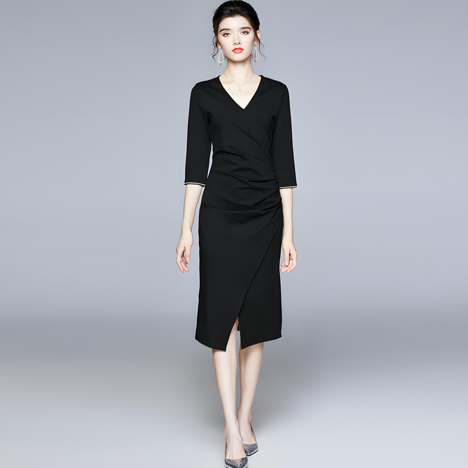 3/4 Beaded Sleeve Hip-Wrapped Sheath Black Dress - 638735745542_BAS