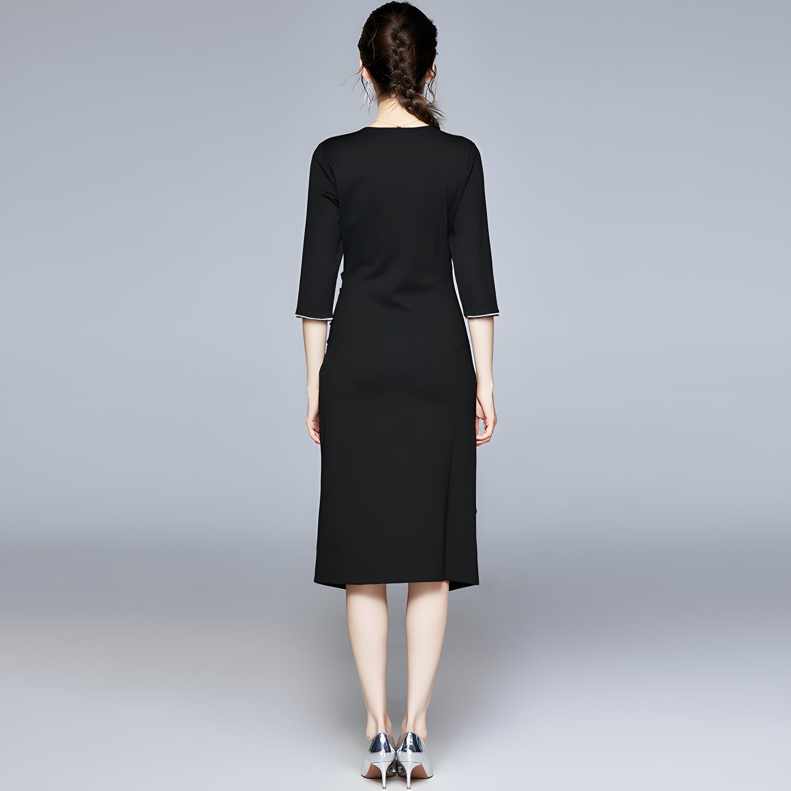 3/4 Beaded Sleeve Hip-Wrapped Sheath Black Dress - 638735745542_BAS