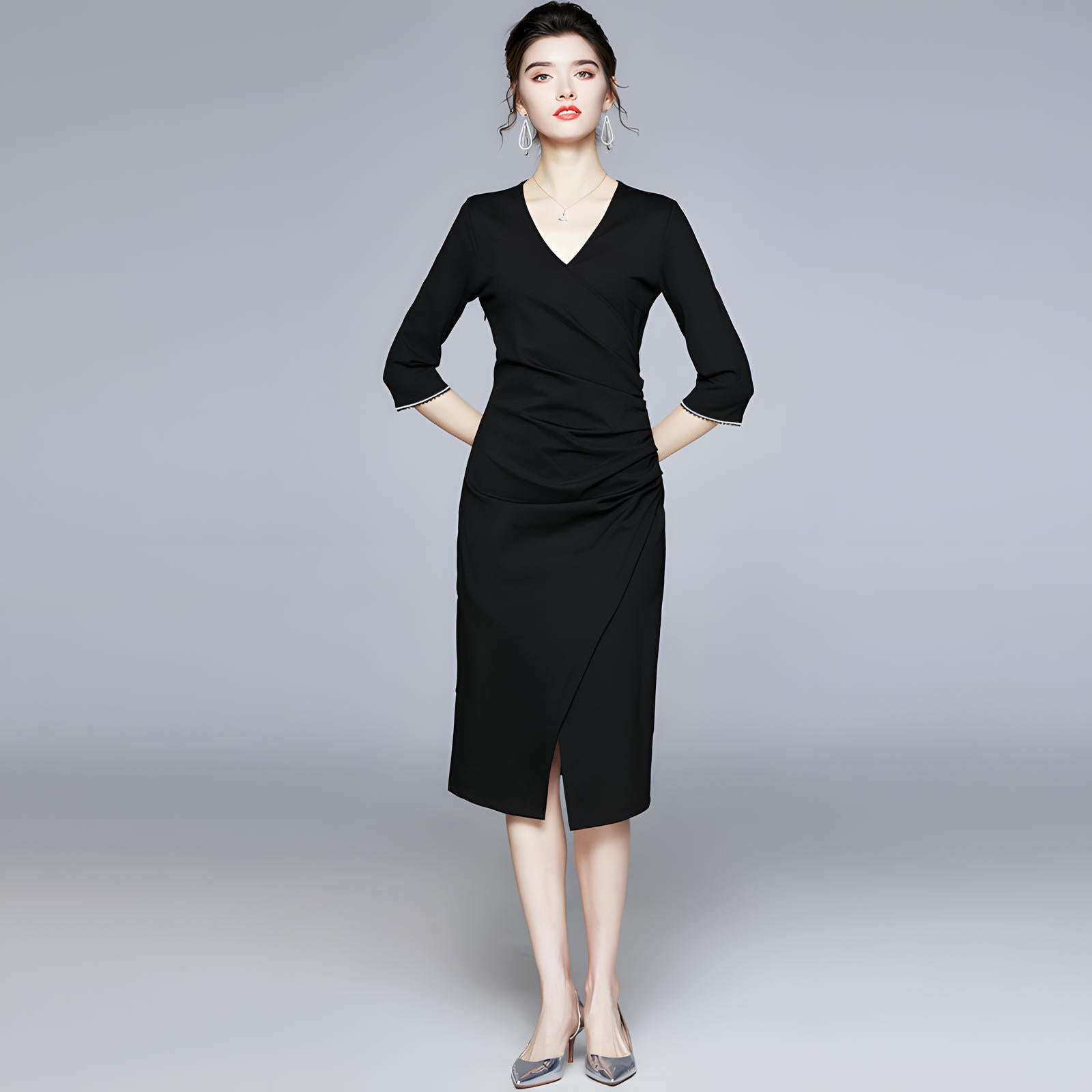 3/4 Beaded Sleeve Hip-Wrapped Sheath Black Dress - 638735745542_BAS
