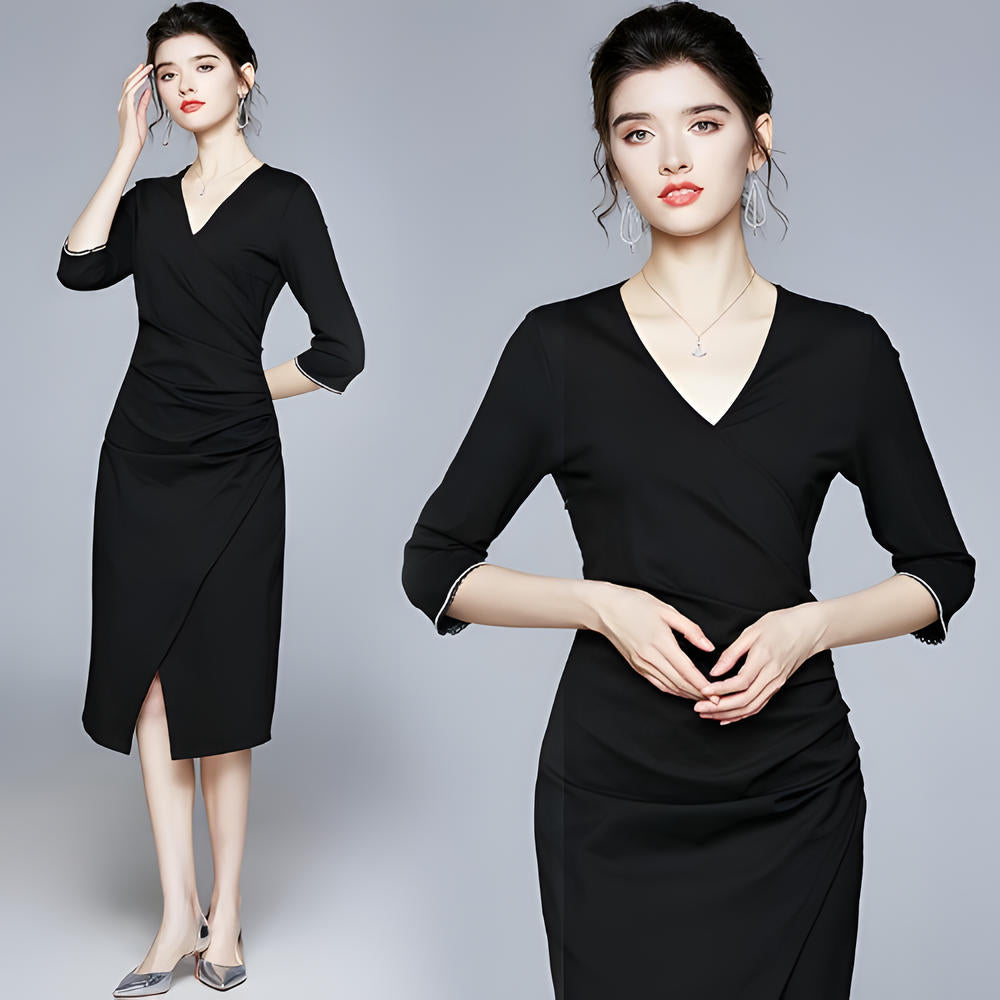 3/4 Beaded Sleeve Hip-Wrapped Sheath Black Dress - 638735745542_BAS