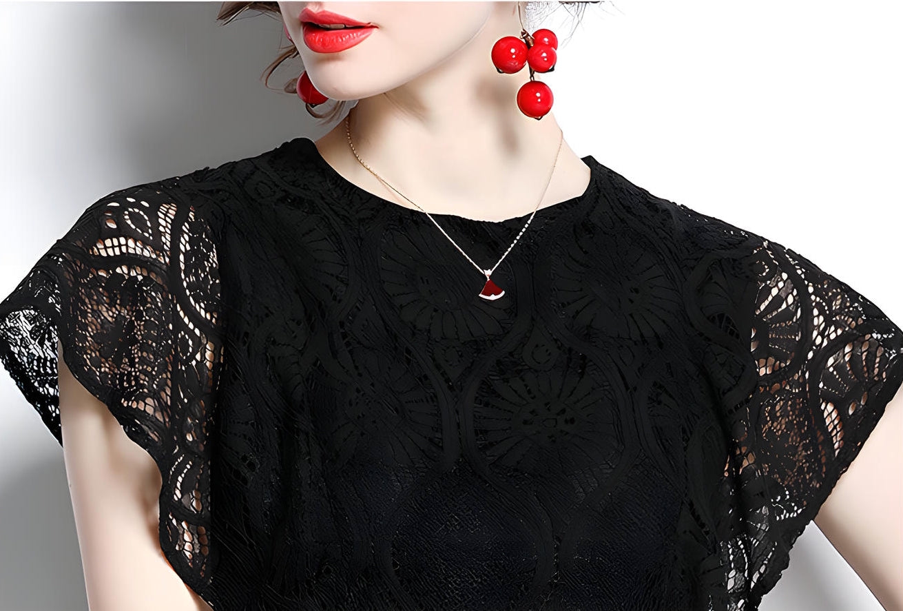 Round Neck Ruffled Sleeve French Lace Black Dress - 646634036264_BAS