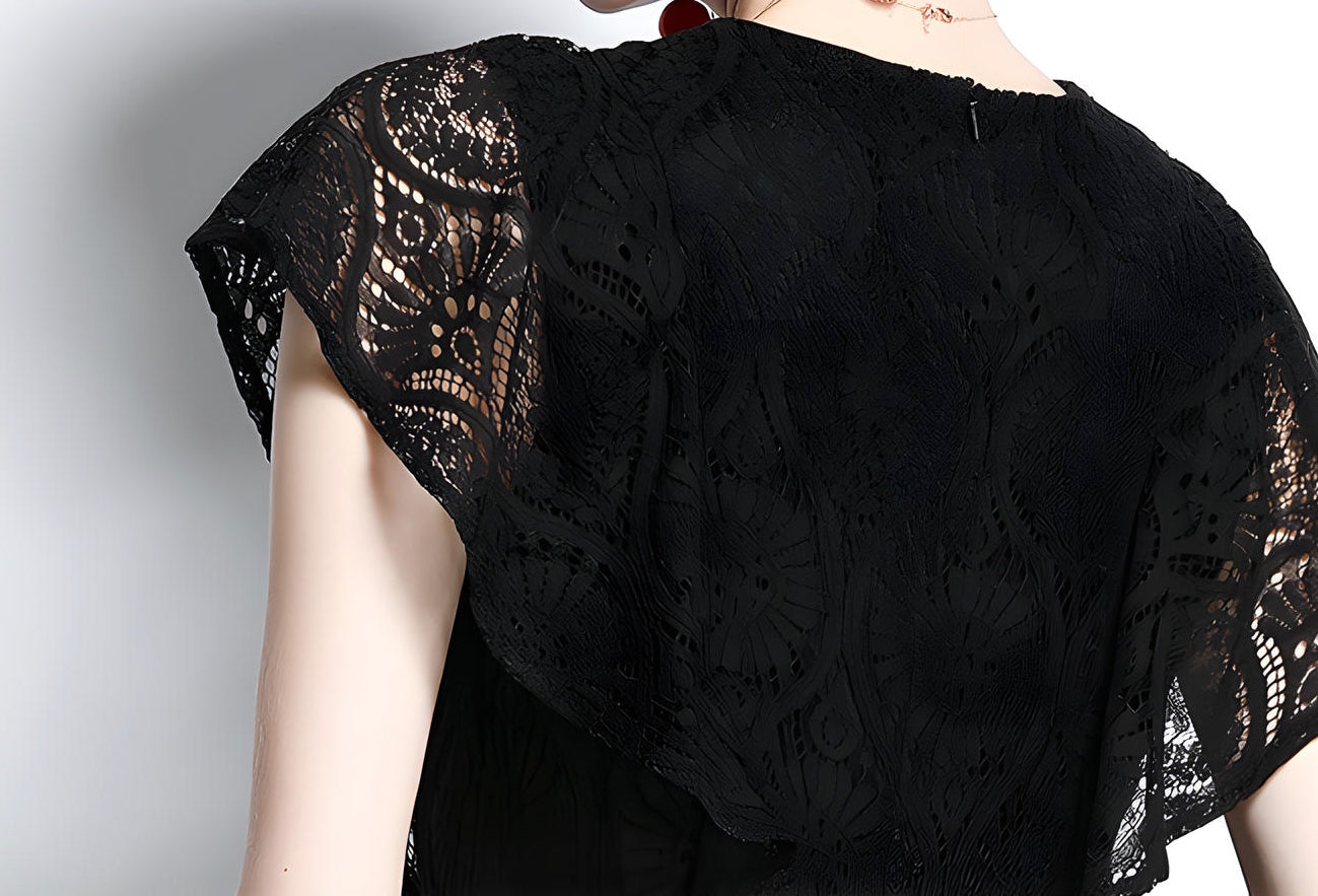 Round Neck Ruffled Sleeve French Lace Black Dress - 646634036264_BAS