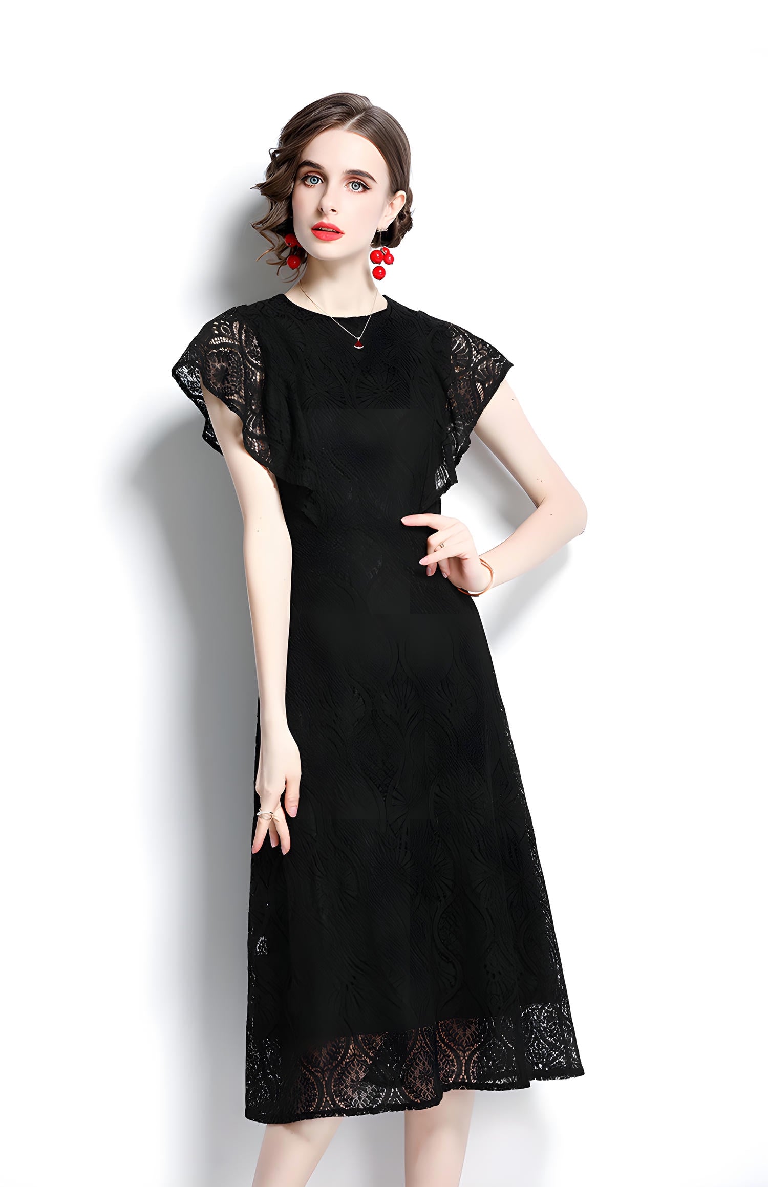Round Neck Ruffled Sleeve French Lace Black Dress - 646634036264_BAS