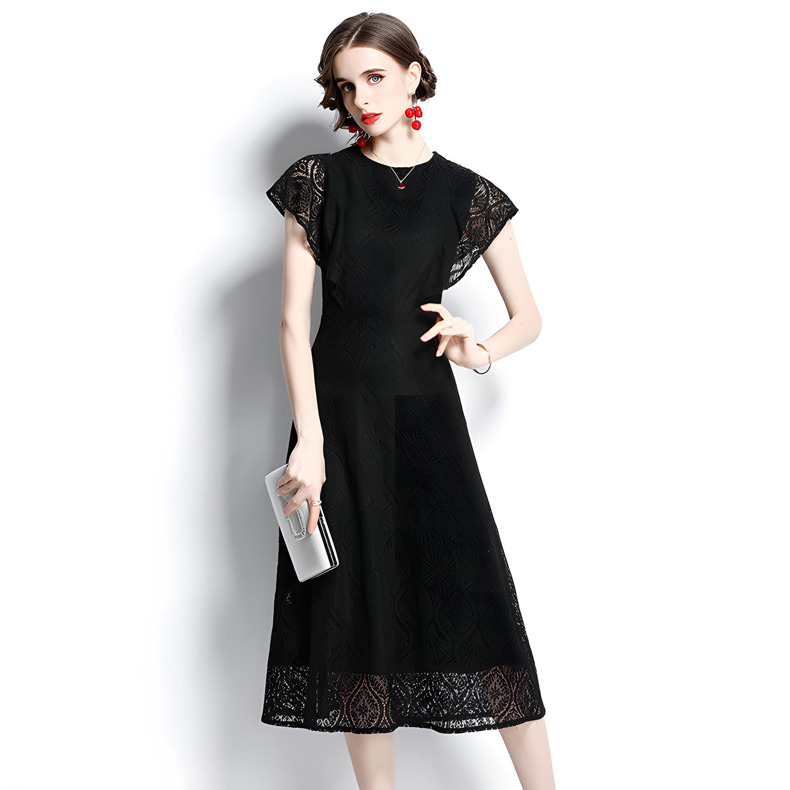 Round Neck Ruffled Sleeve French Lace Black Dress - 646634036264_BAS