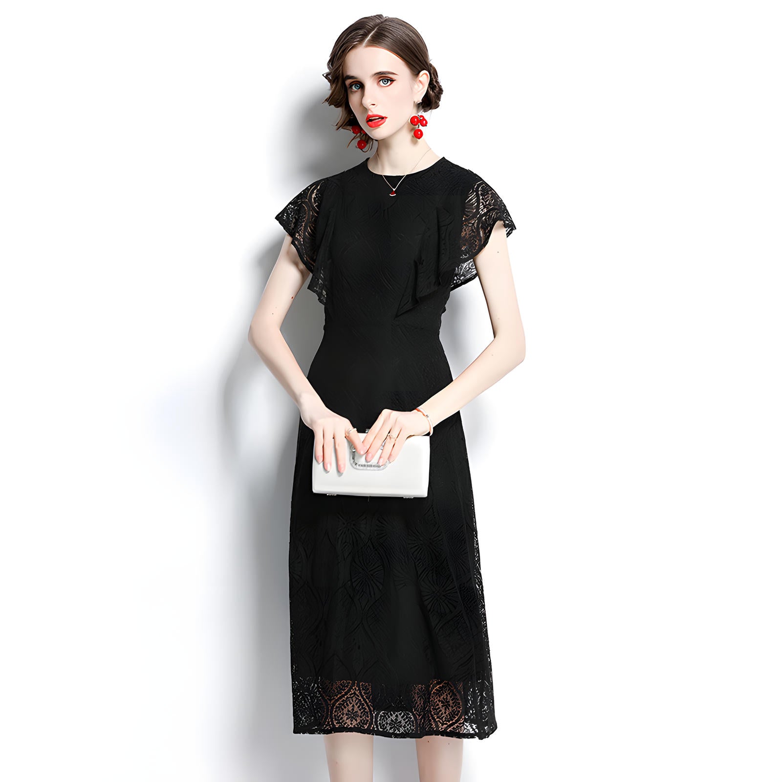Round Neck Ruffled Sleeve French Lace Black Dress - 646634036264_BAS