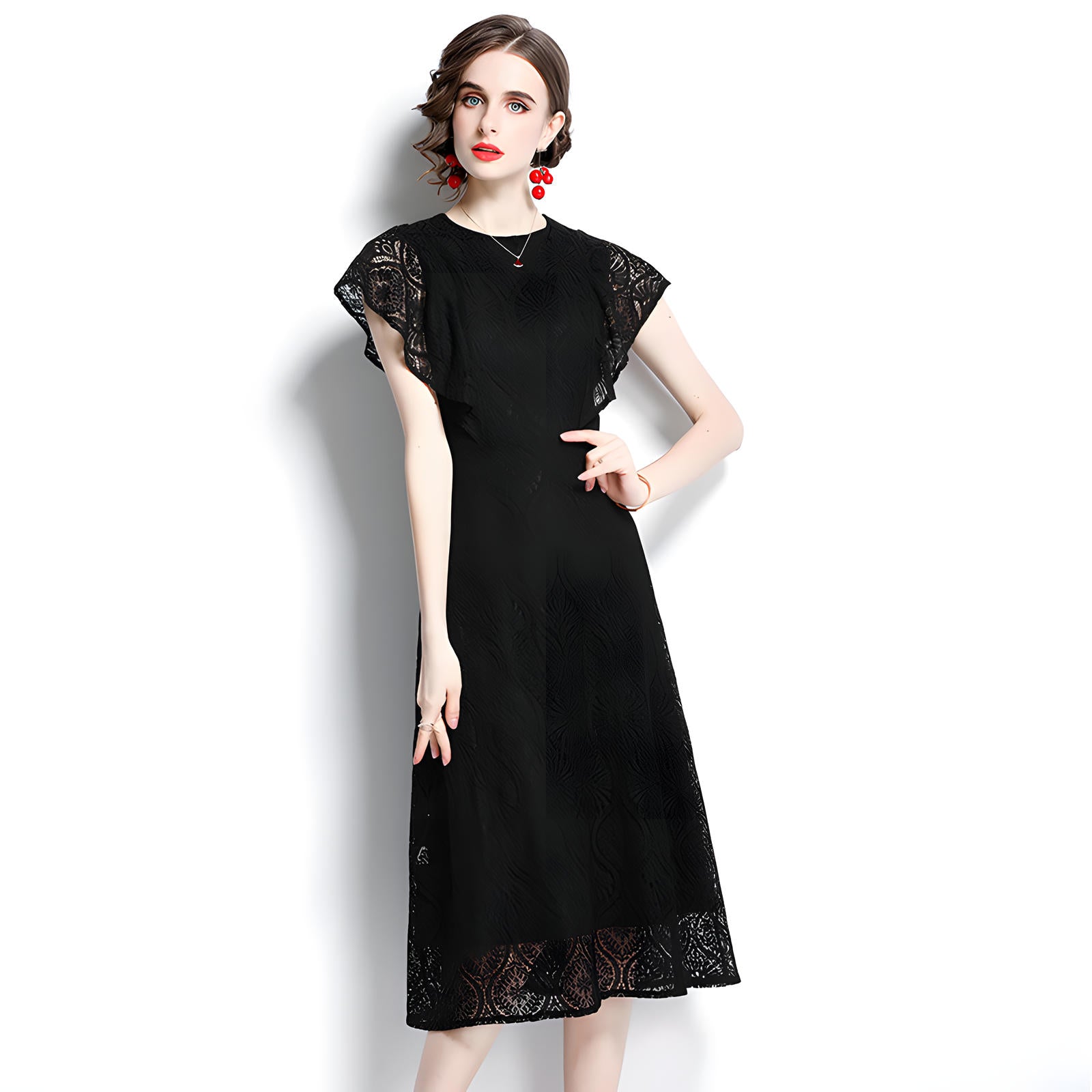 Round Neck Ruffled Sleeve French Lace Black Dress - 646634036264_BAS