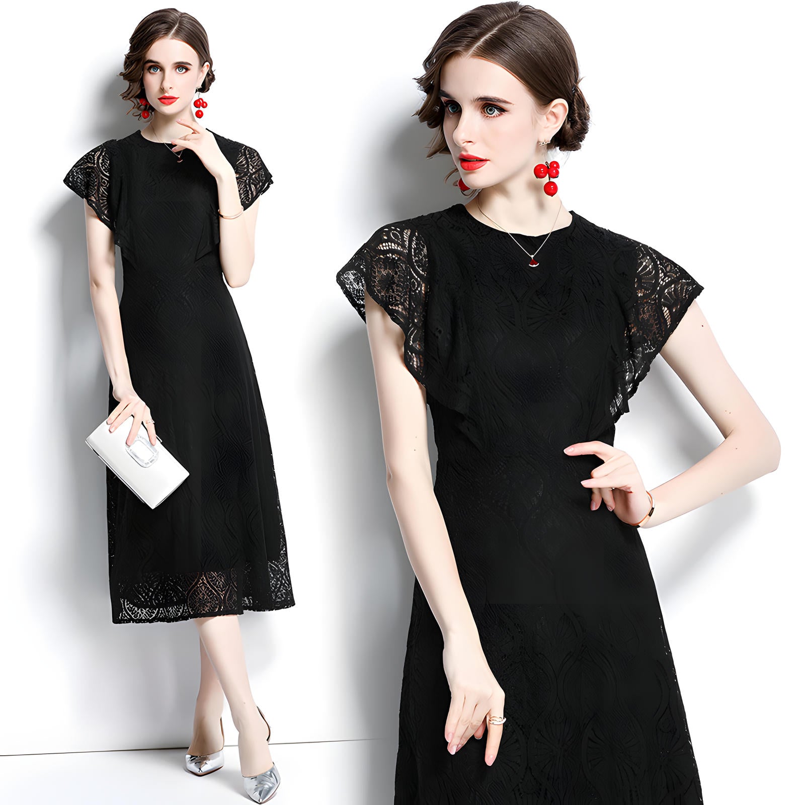 Round Neck Ruffled Sleeve French Lace Black Dress - 646634036264_BAS