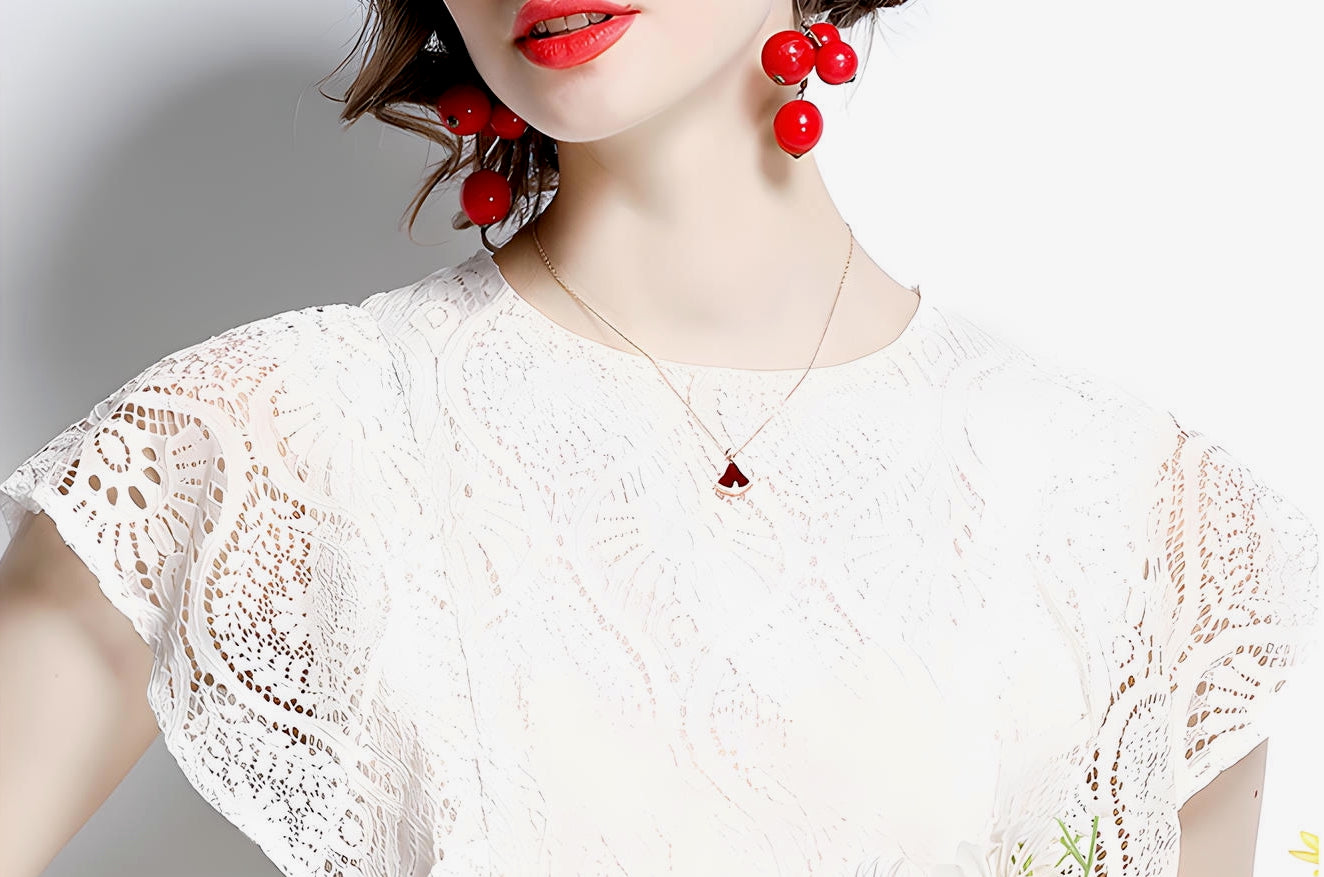 Round Neck Ruffled Sleeve French Lace White Dress - 647396106470_BAS