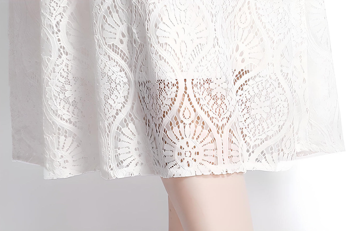 Round Neck Ruffled Sleeve French Lace White Dress - 647396106470_BAS