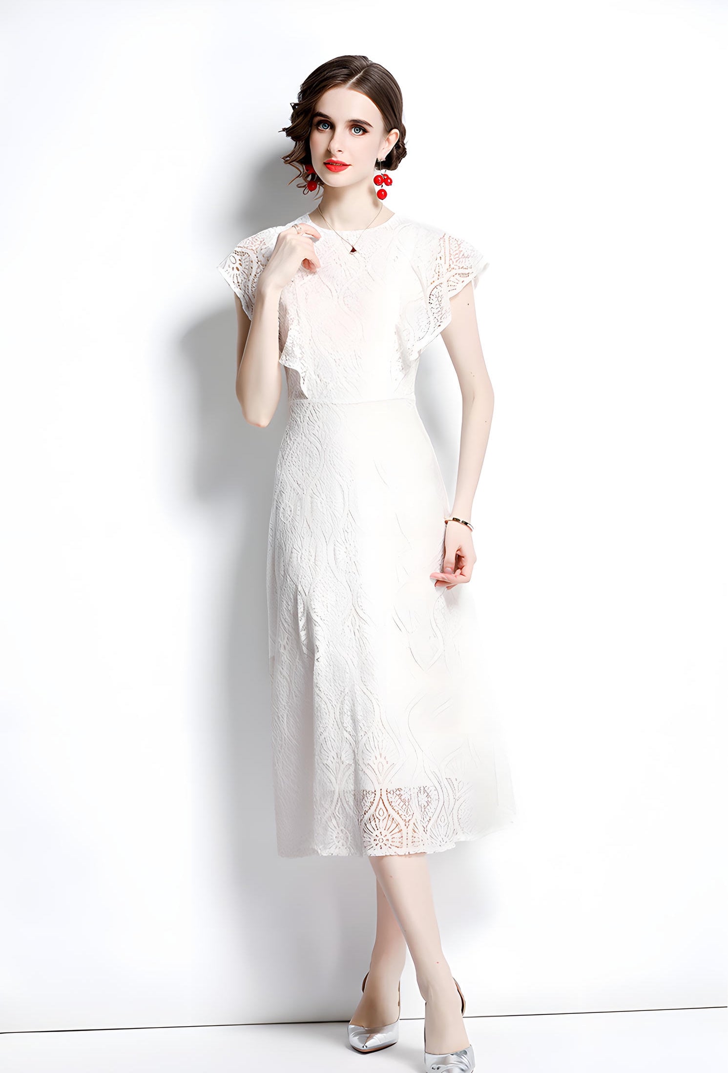 Round Neck Ruffled Sleeve French Lace White Dress - 647396106470_BAS