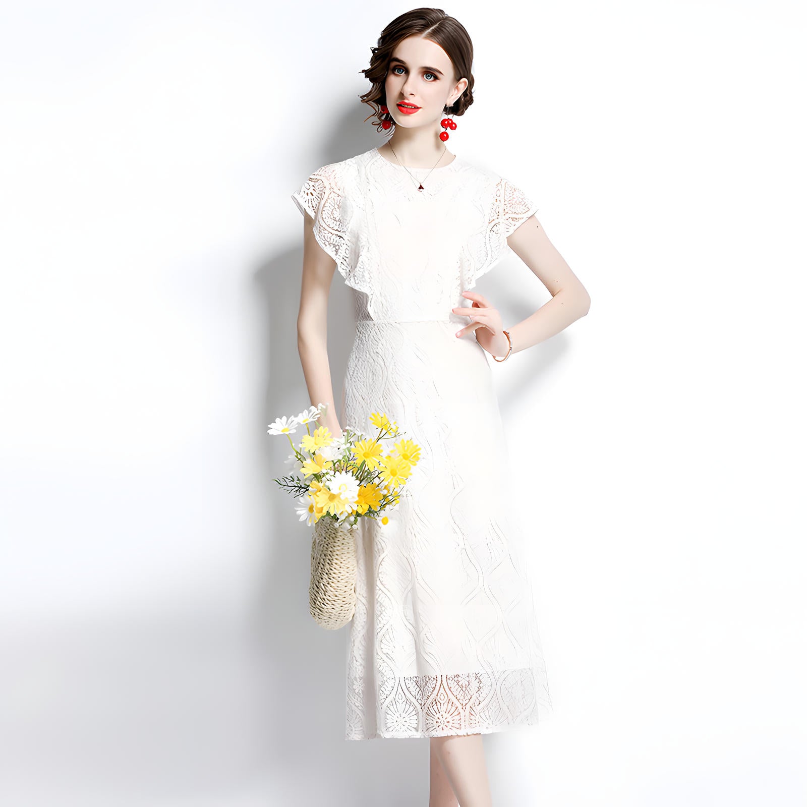 Round Neck Ruffled Sleeve French Lace White Dress - 647396106470_BAS