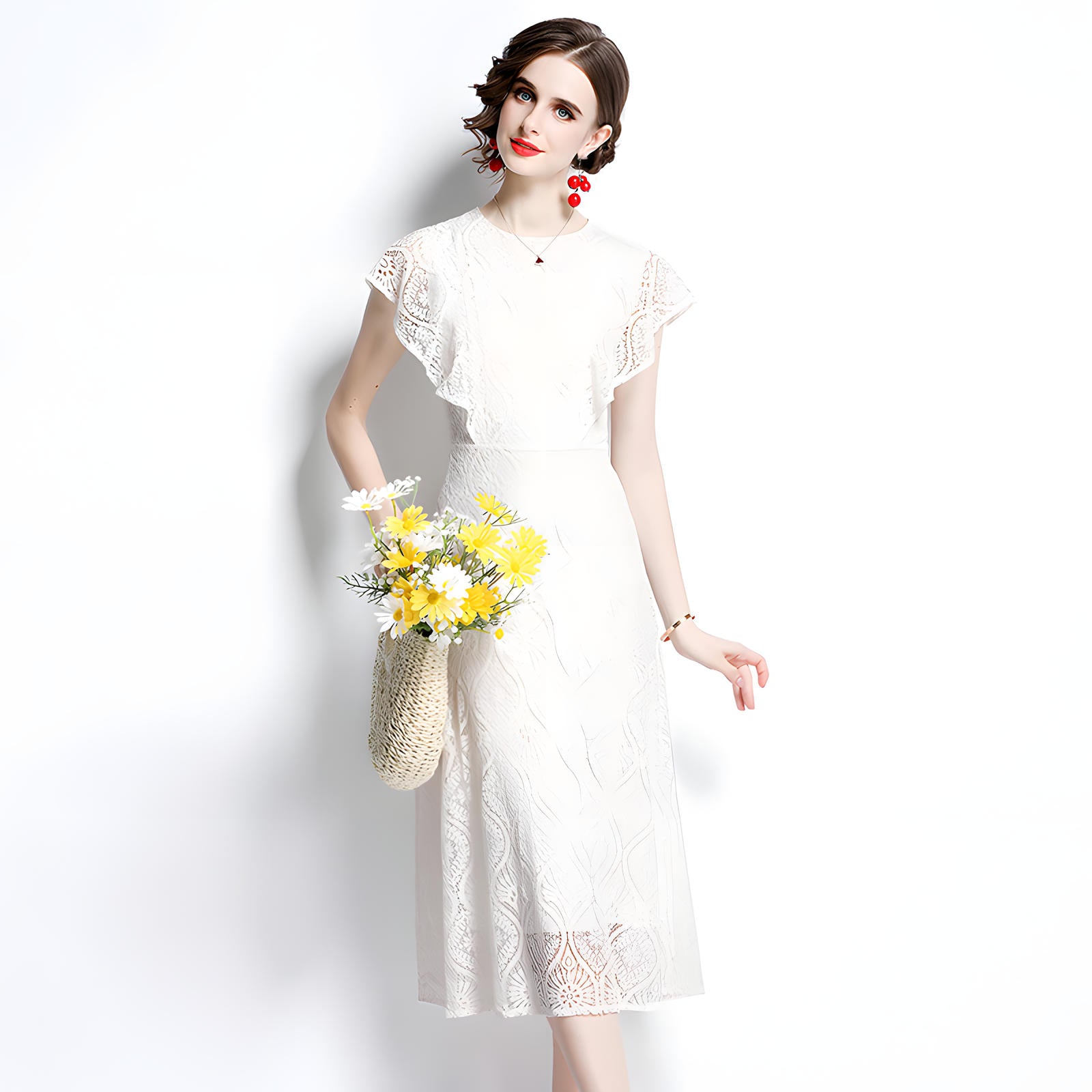 Round Neck Ruffled Sleeve French Lace White Dress - 647396106470_BAS