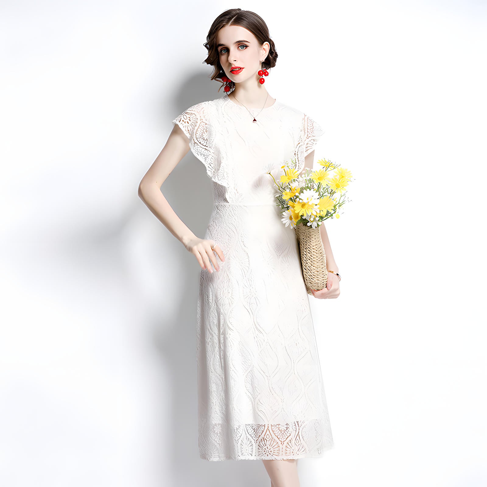 Round Neck Ruffled Sleeve French Lace White Dress - 647396106470_BAS