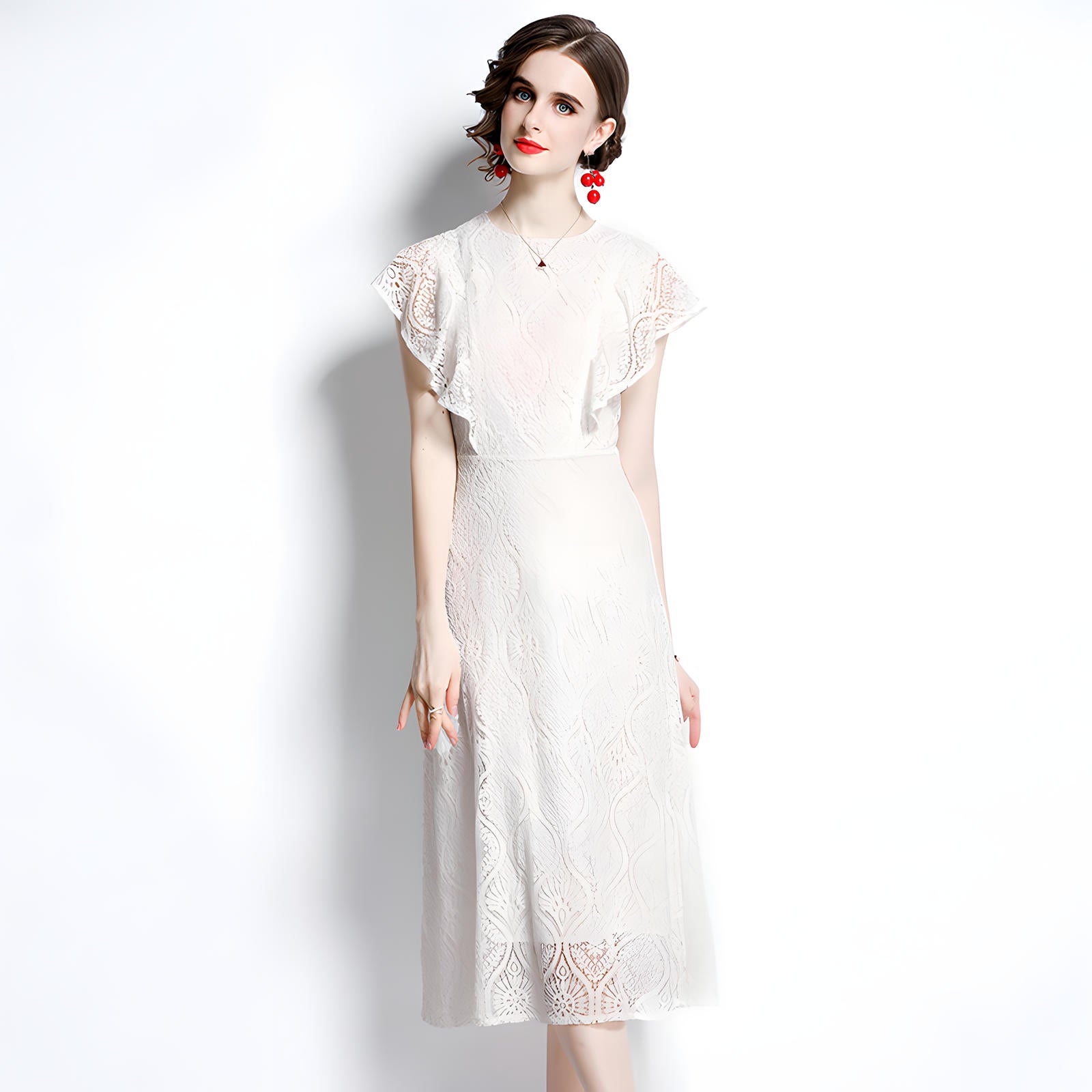 Round Neck Ruffled Sleeve French Lace White Dress - 647396106470_BAS