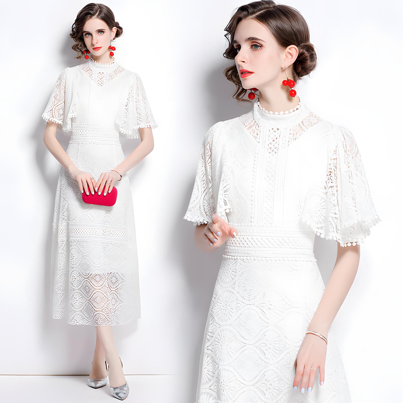High Neck White Dress with Luxury French Lace and Butterfly Sleeves - 648758136343_BAS