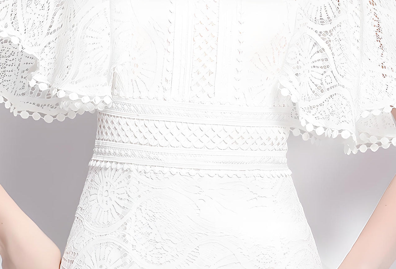 High Neck White Dress with Luxury French Lace and Butterfly Sleeves - 648758136343_BAS