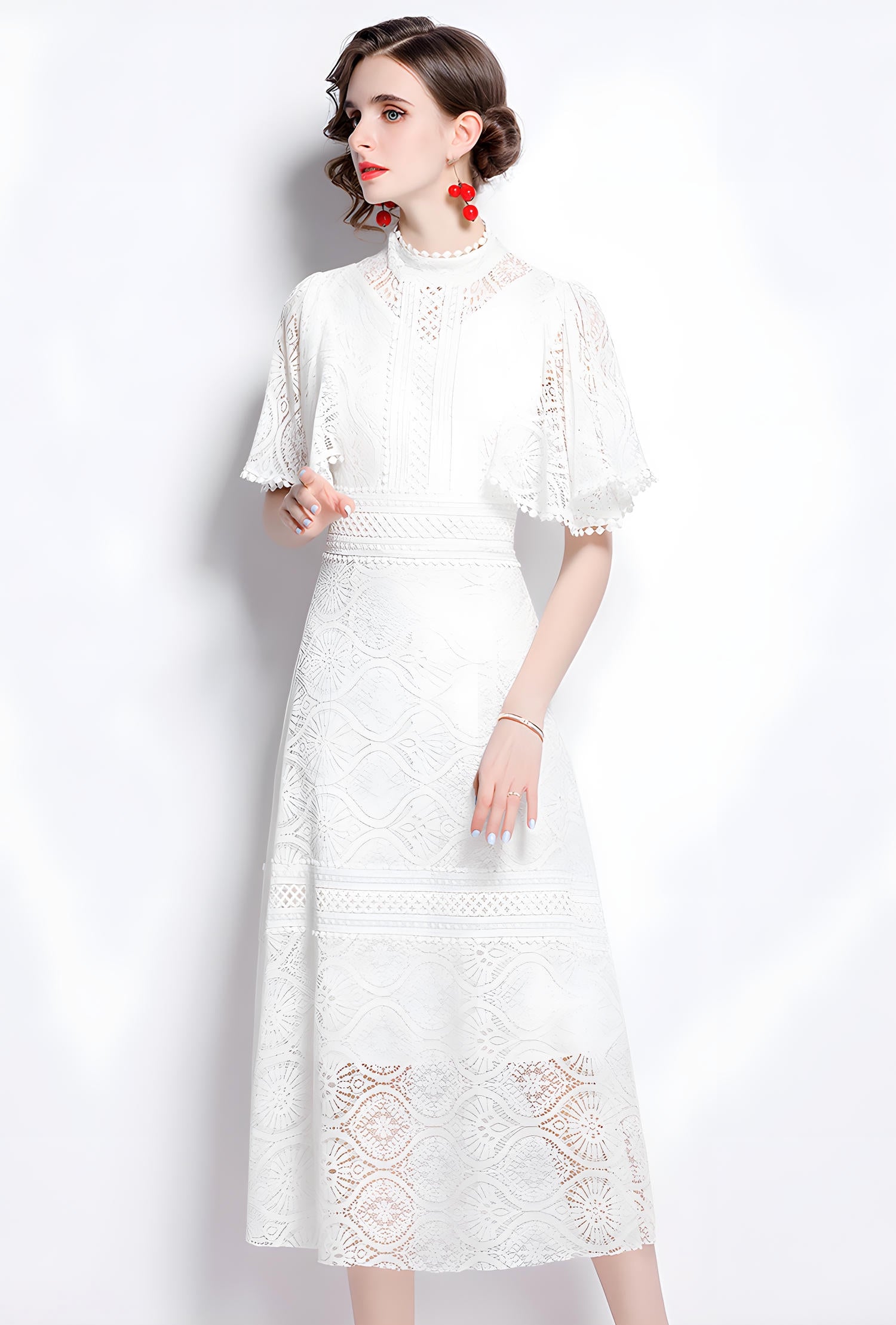 High Neck White Dress with Luxury French Lace and Butterfly Sleeves - 648758136343_BAS