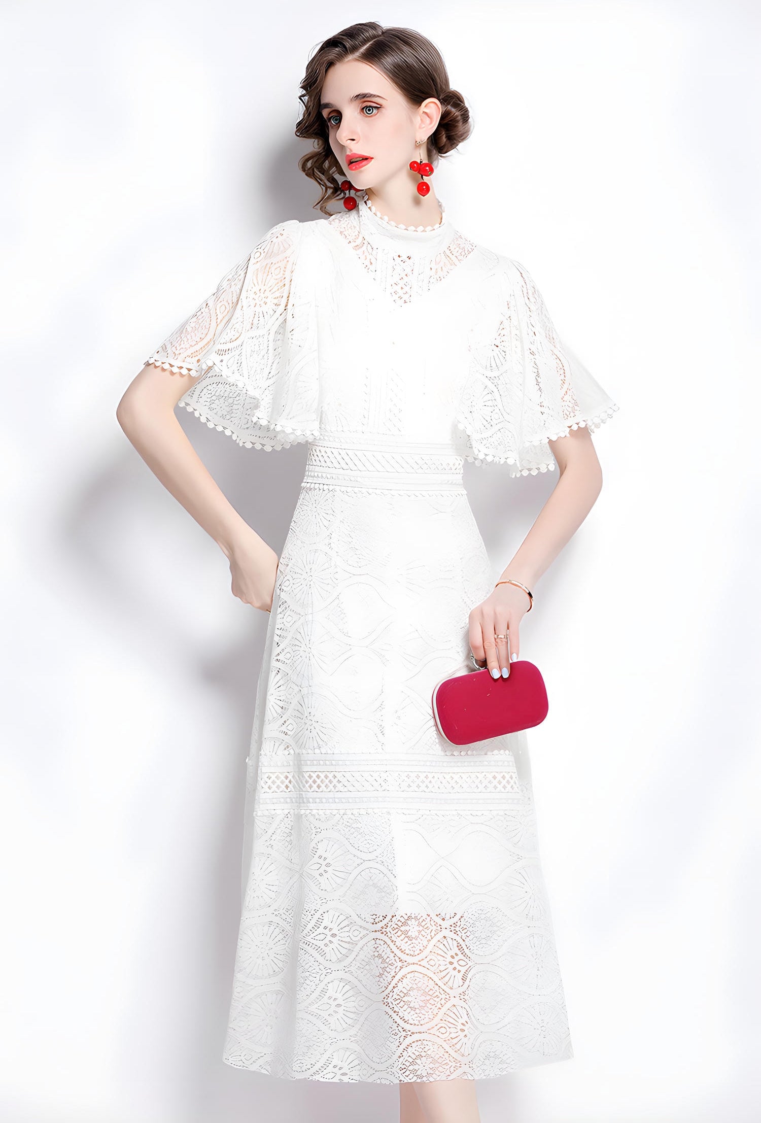 High Neck White Dress with Luxury French Lace and Butterfly Sleeves - 648758136343_BAS