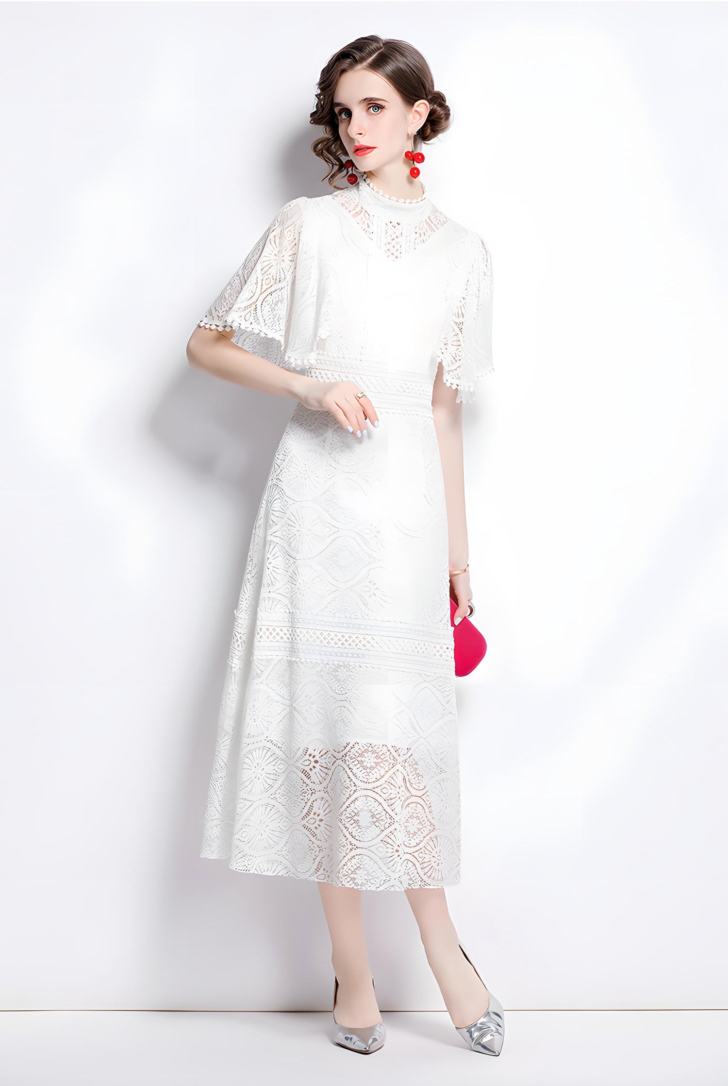 High Neck White Dress with Luxury French Lace and Butterfly Sleeves - 648758136343_BAS