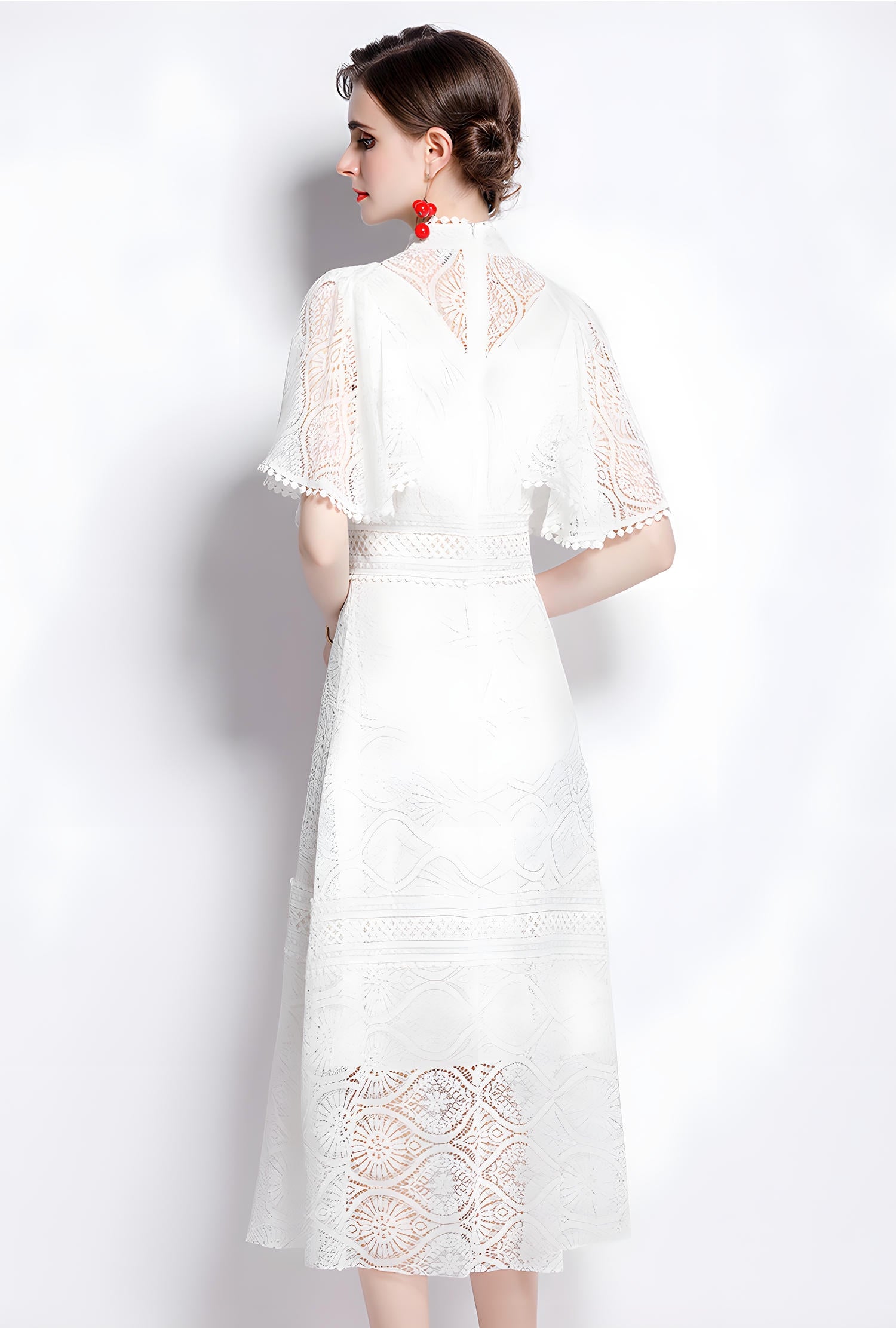 High Neck White Dress with Luxury French Lace and Butterfly Sleeves - 648758136343_BAS