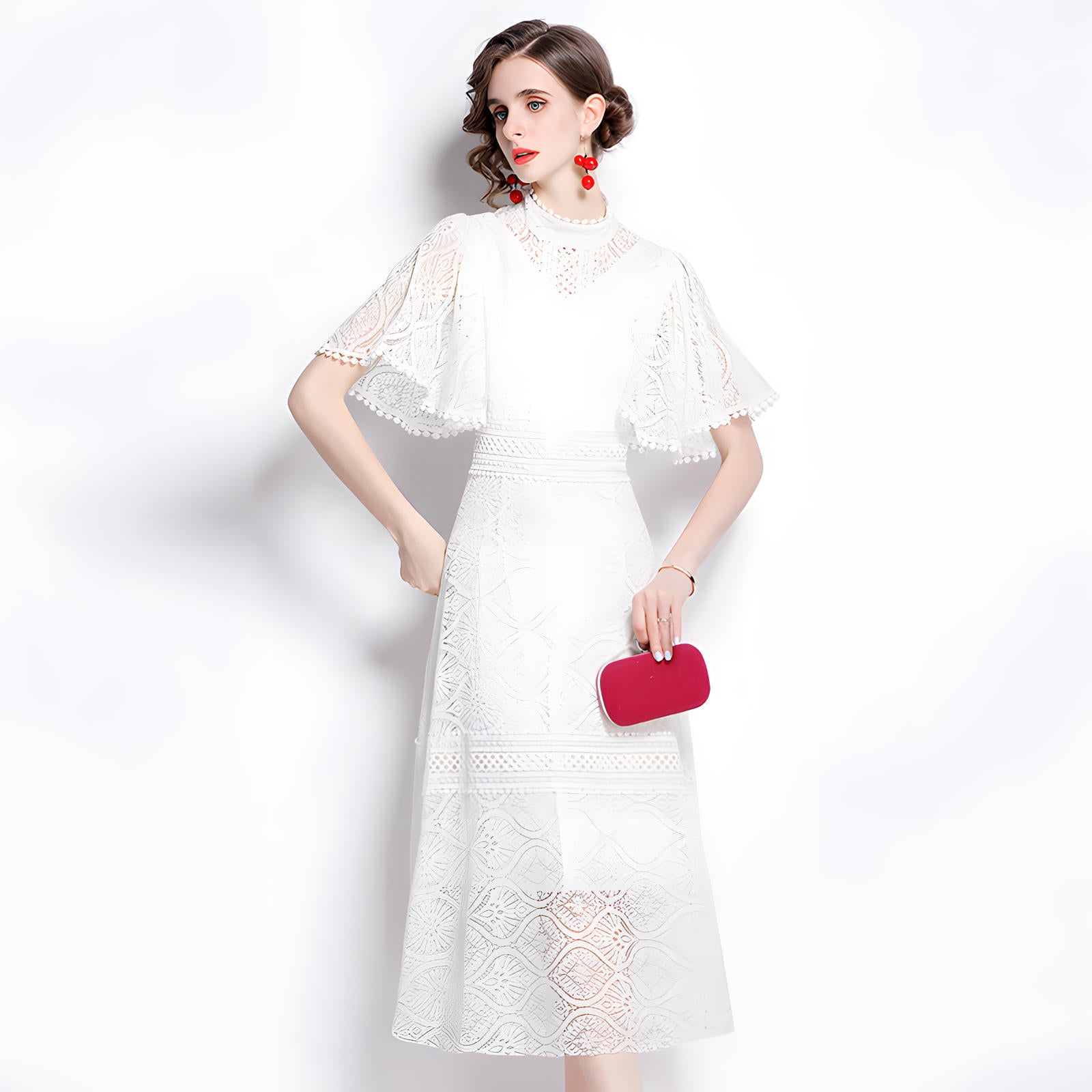 High Neck White Dress with Luxury French Lace and Butterfly Sleeves - 648758136343_BAS