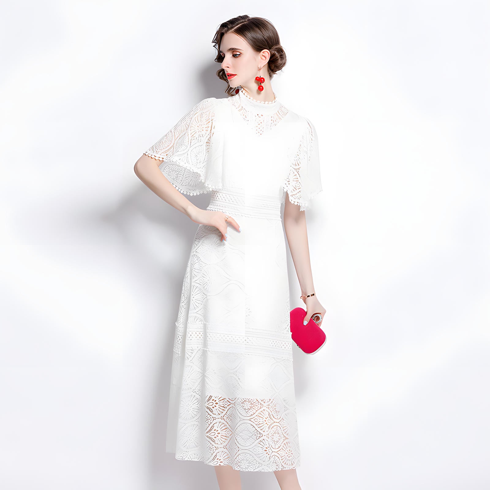High Neck White Dress with Luxury French Lace and Butterfly Sleeves - 648758136343_BAS
