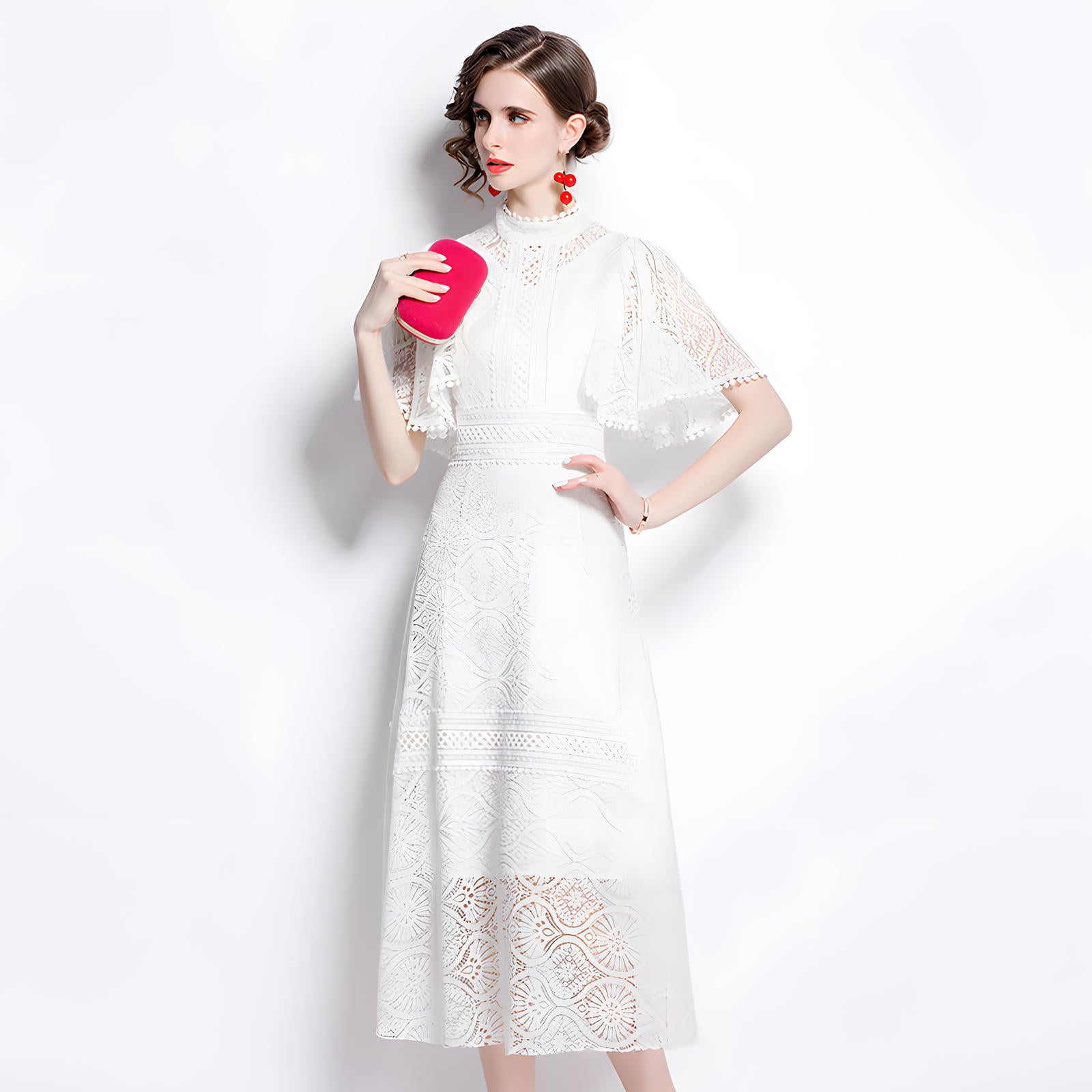 High Neck White Dress with Luxury French Lace and Butterfly Sleeves - 648758136343_BAS