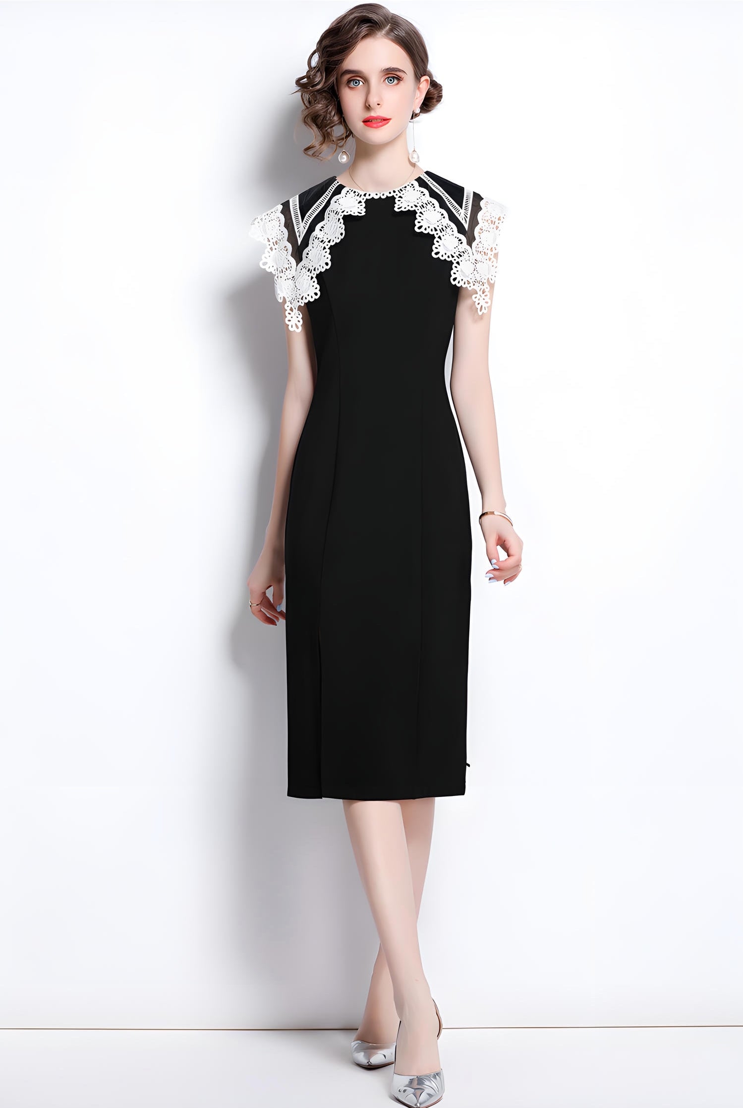 Wide Flat-Laid Lace Collar Side Slit Black Body-fit Dress - 651049292414_BAS