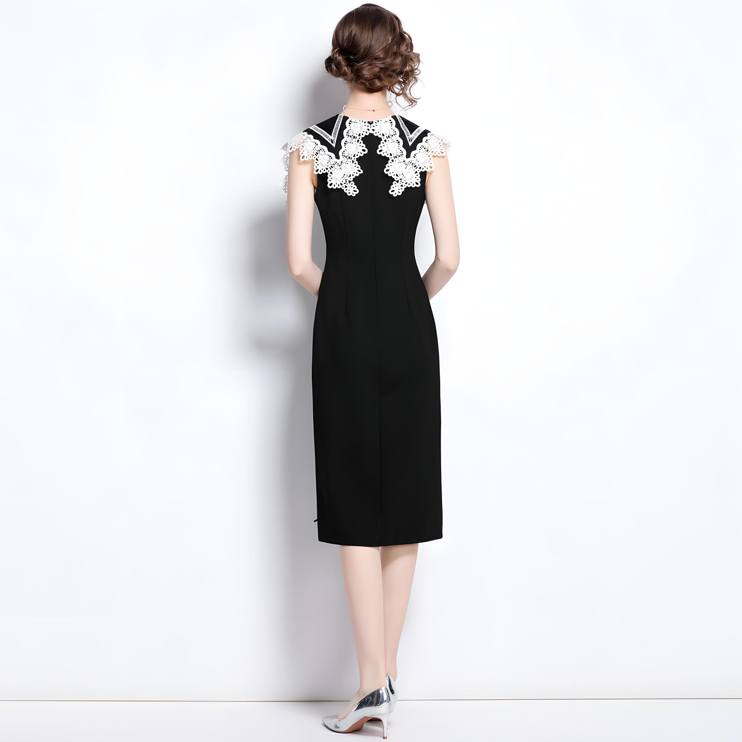 Wide Flat-Laid Lace Collar Side Slit Black Body-fit Dress - 651049292414_BAS