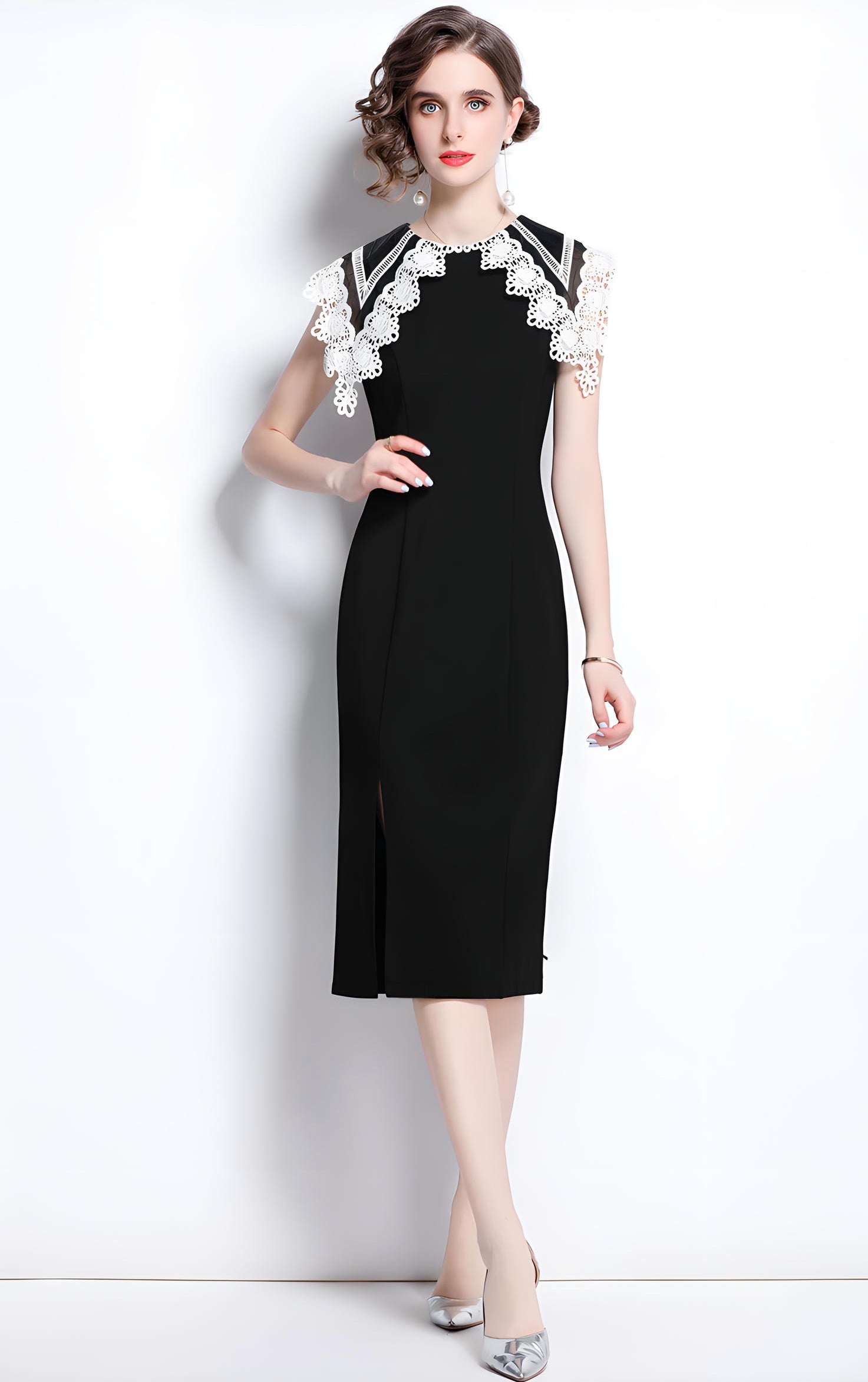 Wide Flat-Laid Lace Collar Side Slit Black Body-fit Dress - 651049292414_BAS