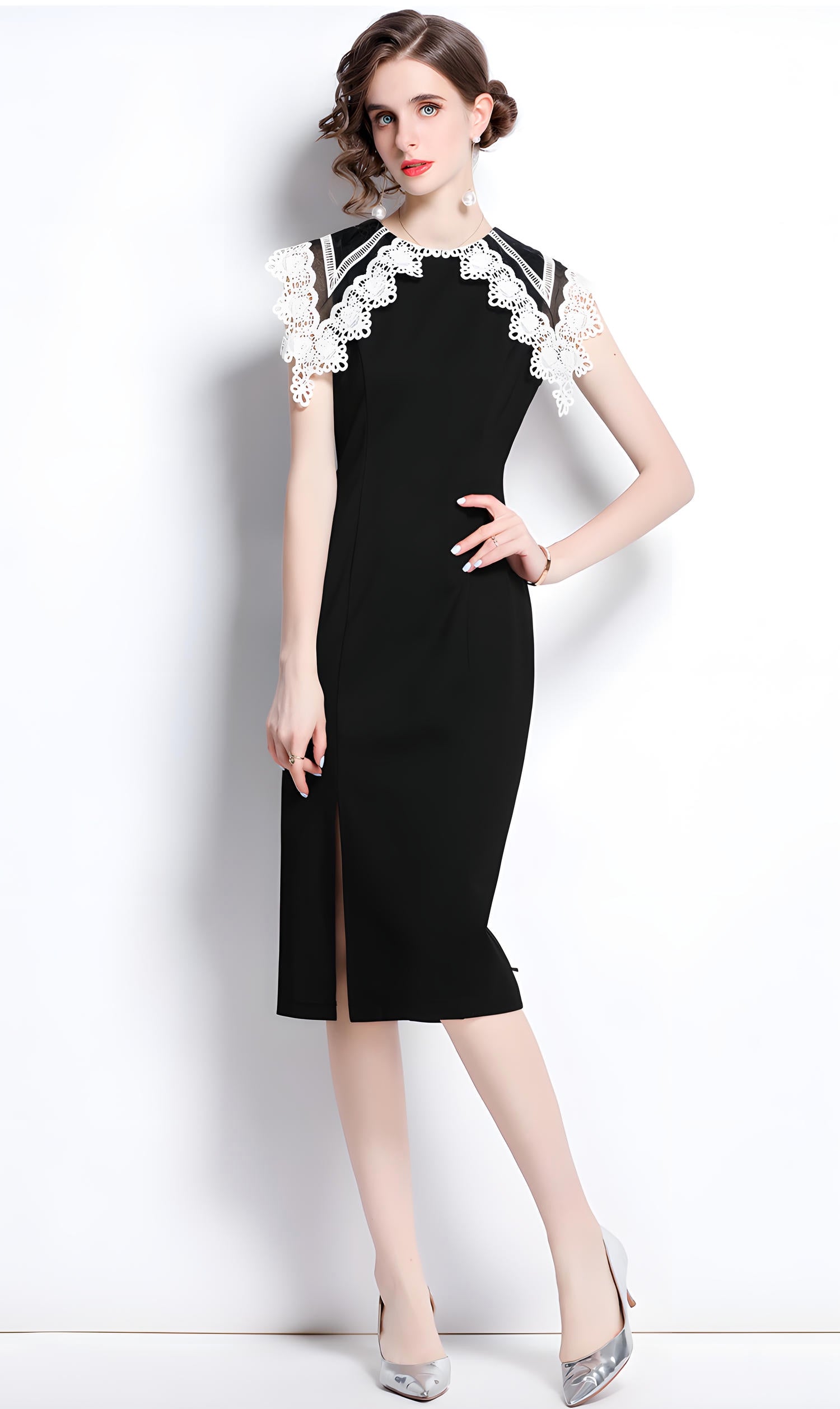 Wide Flat-Laid Lace Collar Side Slit Black Body-fit Dress - 651049292414_BAS